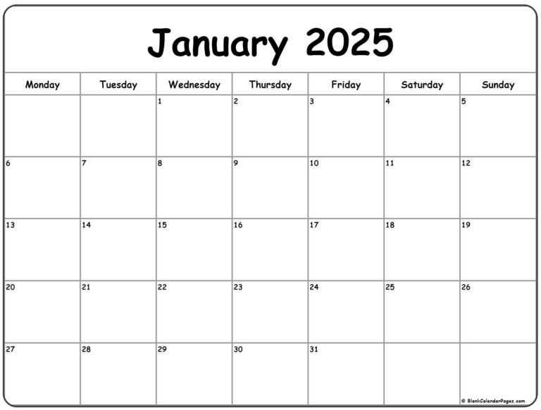 January 2025 Monday Calendar Monday To Sunday