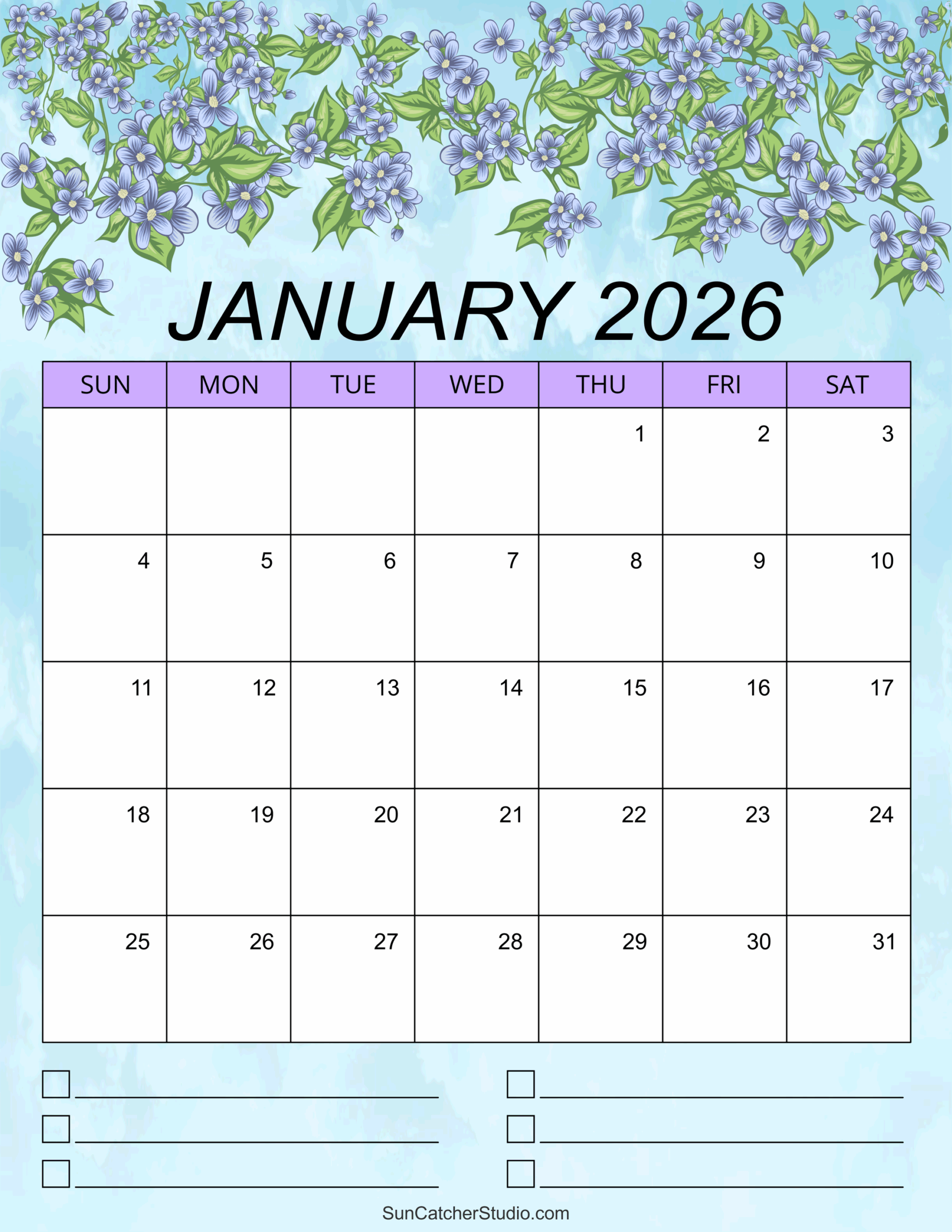 January 2026 Floral Calendar Printable January 2026 Floral Calendar Printable