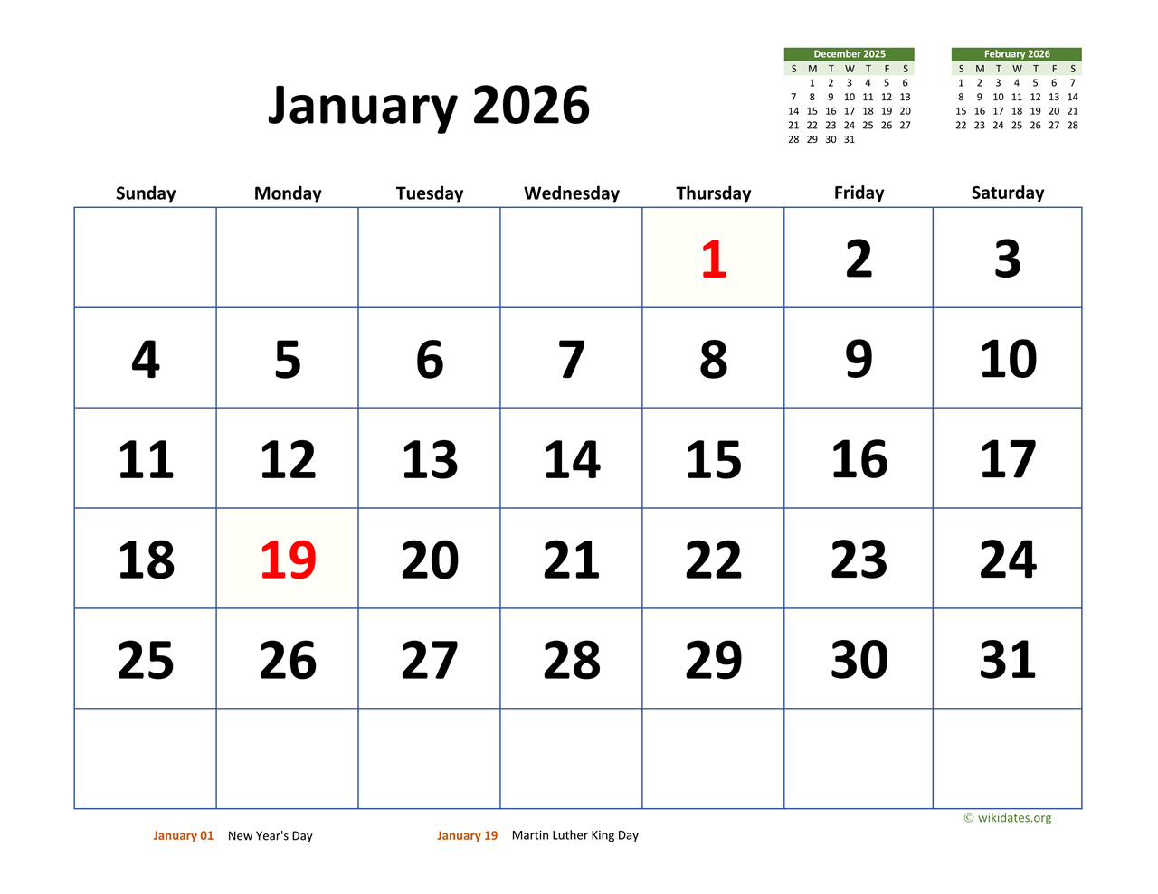 January 2026 Calendar with Holidays