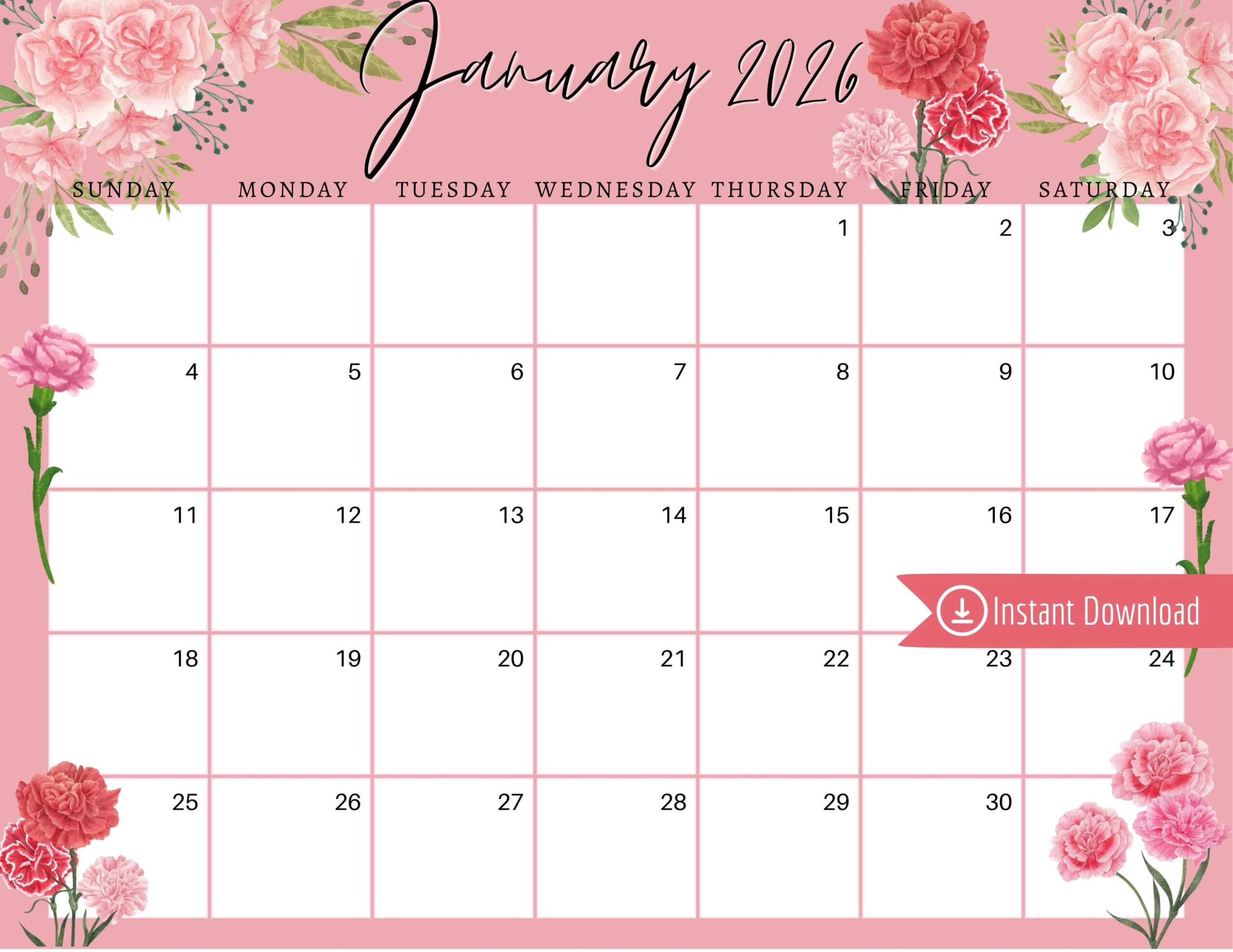 January 2026 Digital Calendar Pink Carnations Planner Editable Fillable Printable Calendar For Planning PDF PNG And JPG Download Etsy January 2026 Digital Calendar Pink Carnations Planner Editable Fillable Printable Calendar For Planning PDF PNG And JPG Download Etsy