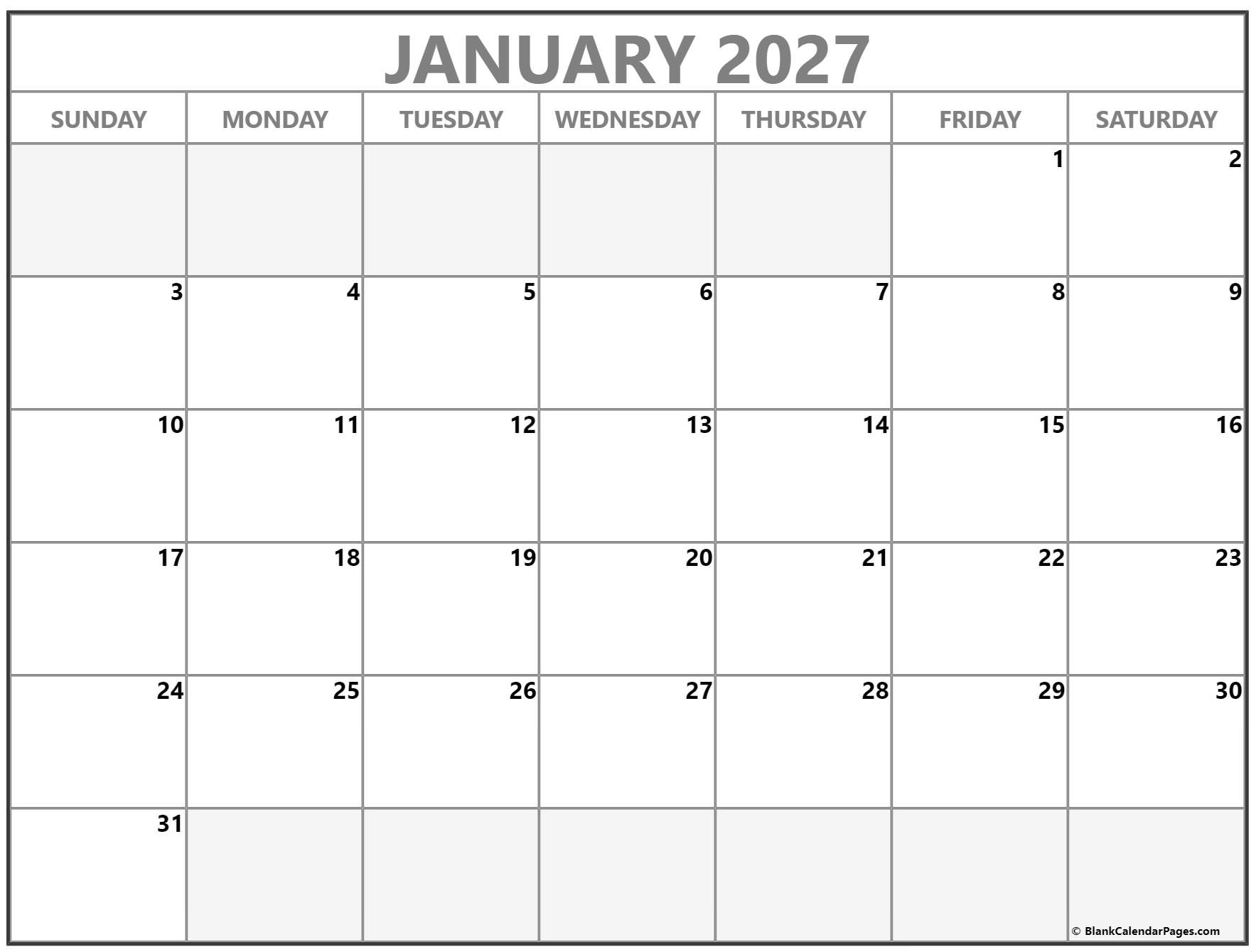 January 2027 Calendar Free Printable Calendars January 2027 Calendar Free Printable Calendars