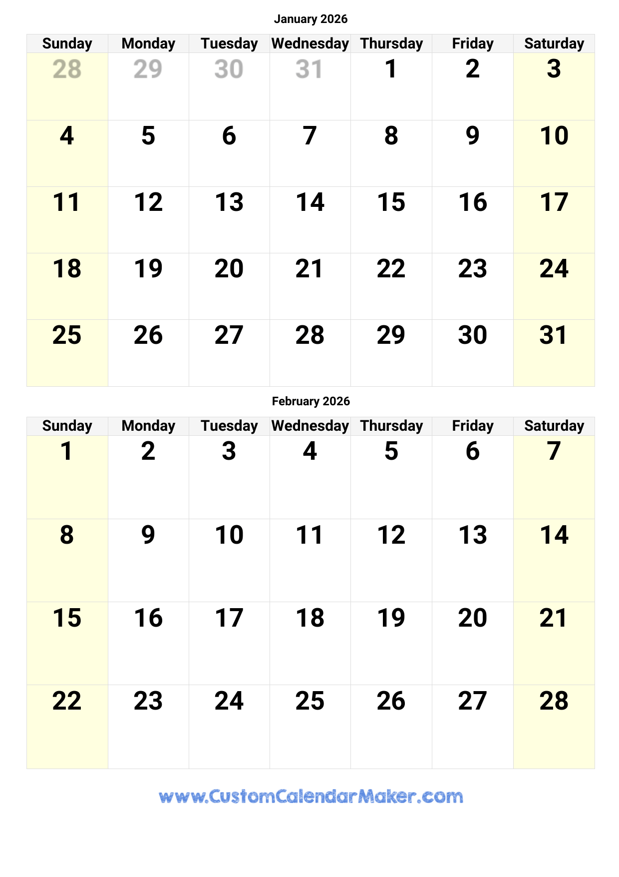 February 2026 Calendar Large Number