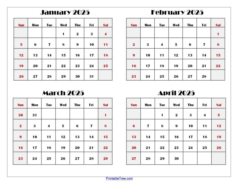 January To April 2025 Calendar Printable PDF Four Months Calendar