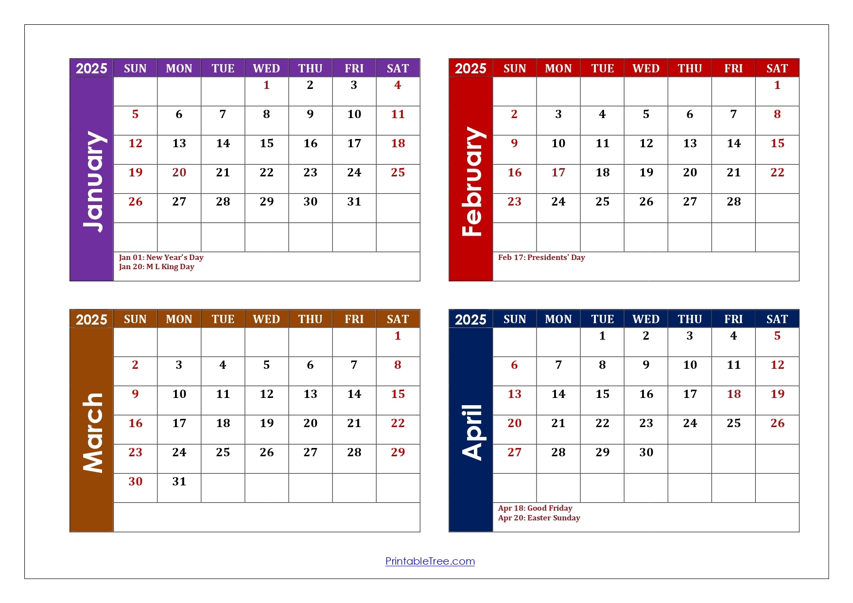 January To April 2025 Calendar Printable PDF Four Months Calendar