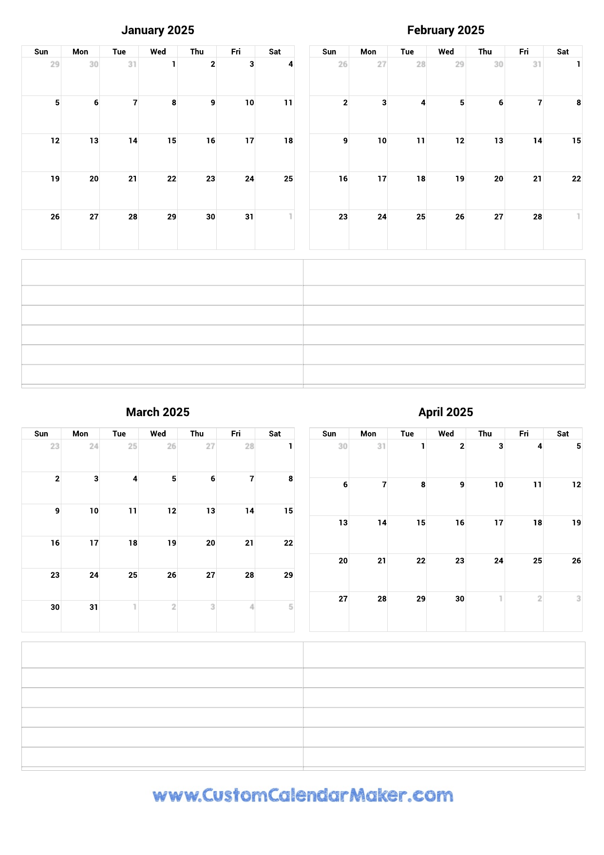 January To April 2025 Printable Calendar Custom Calendar Maker