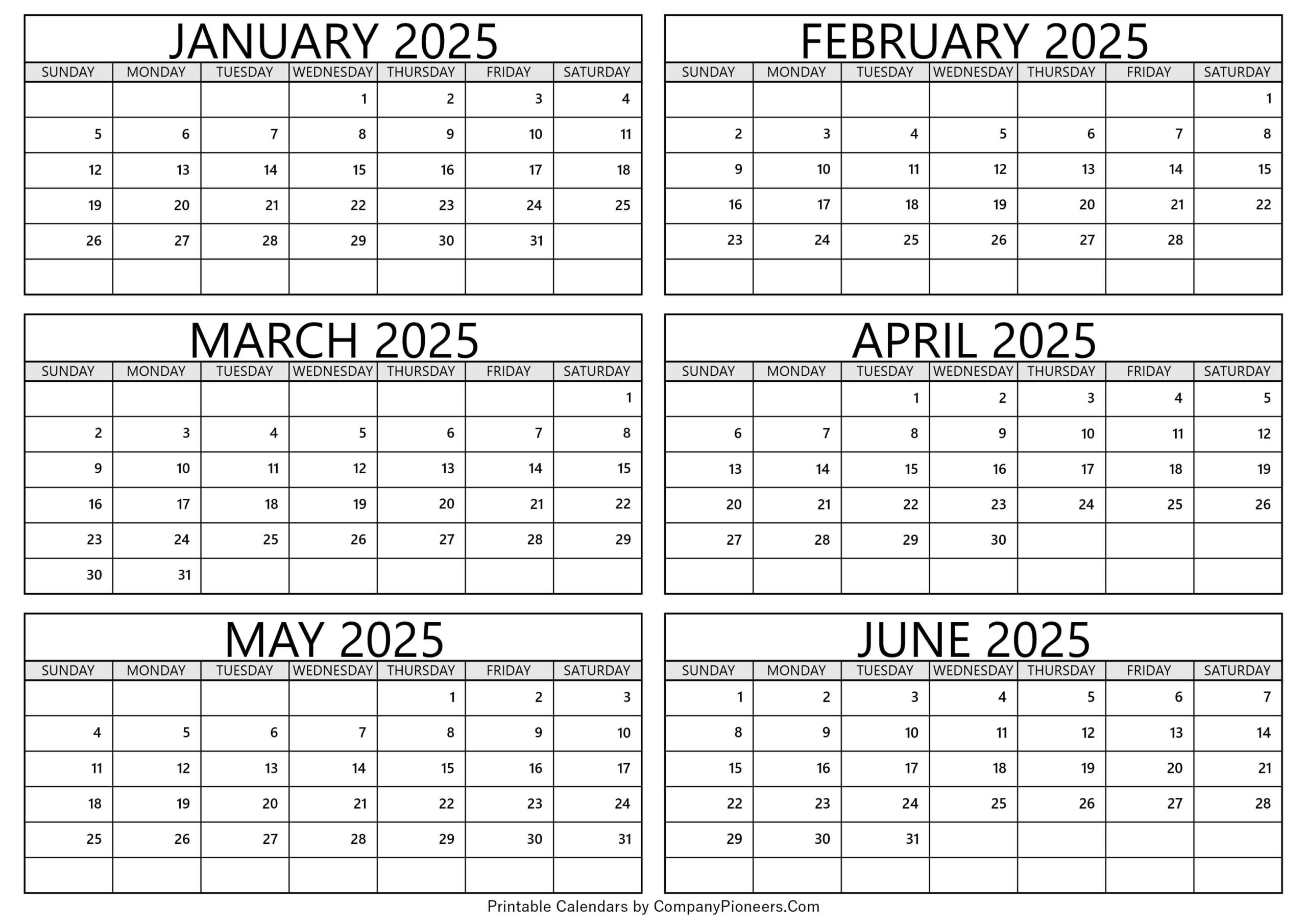 january to june 2025 calendar printable
