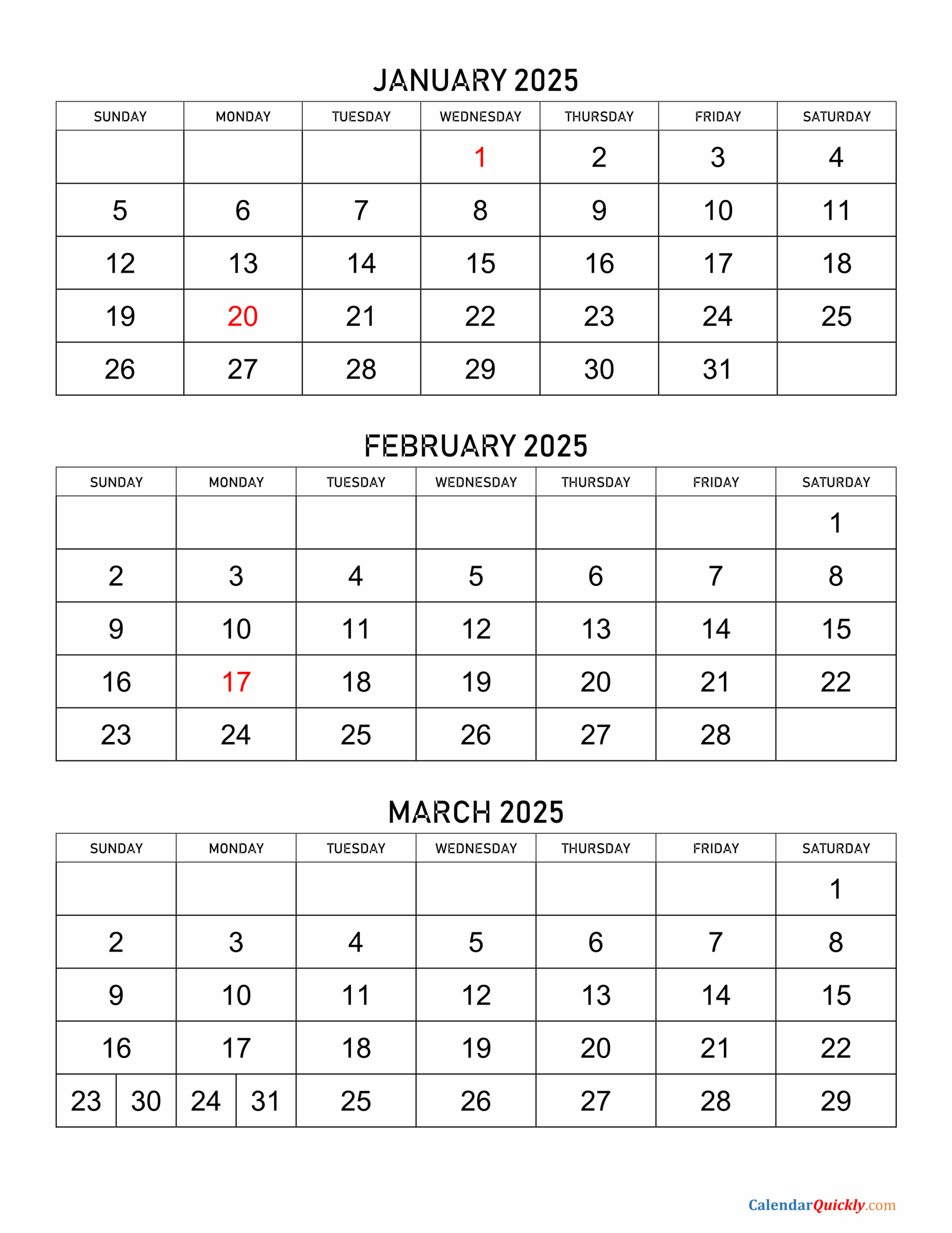 January To March 2025 Calendar Calendar Quickly