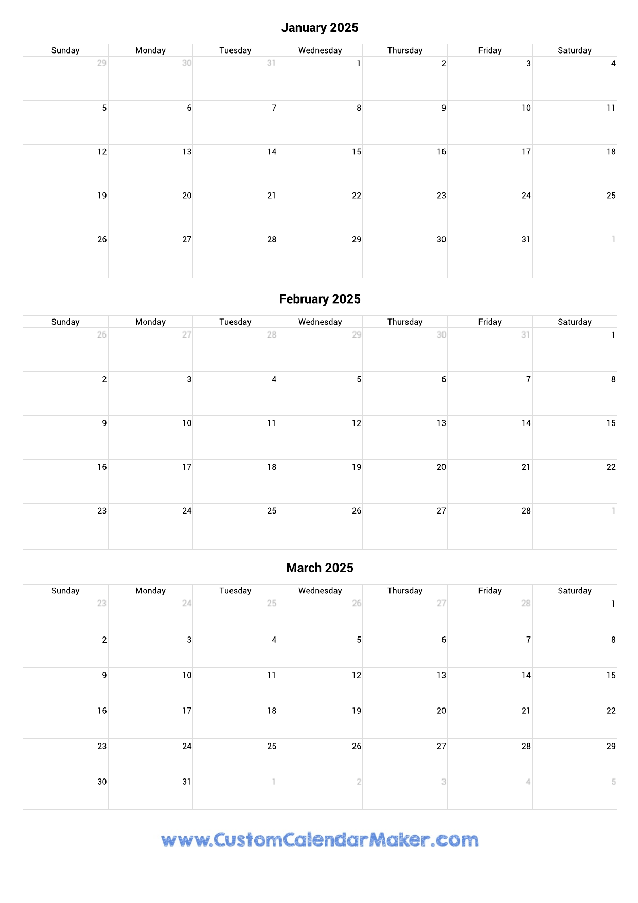 January To March 2025 Calendar Printable Custom Calendar Maker