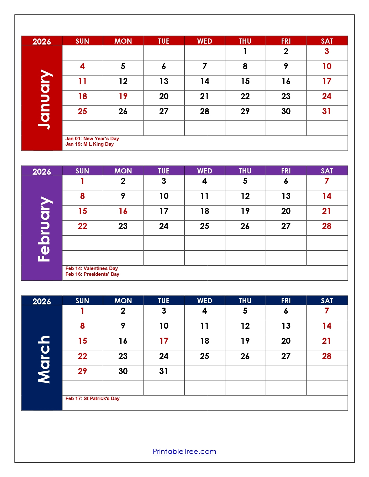January To March 2026 Calendar Three Month Calendar