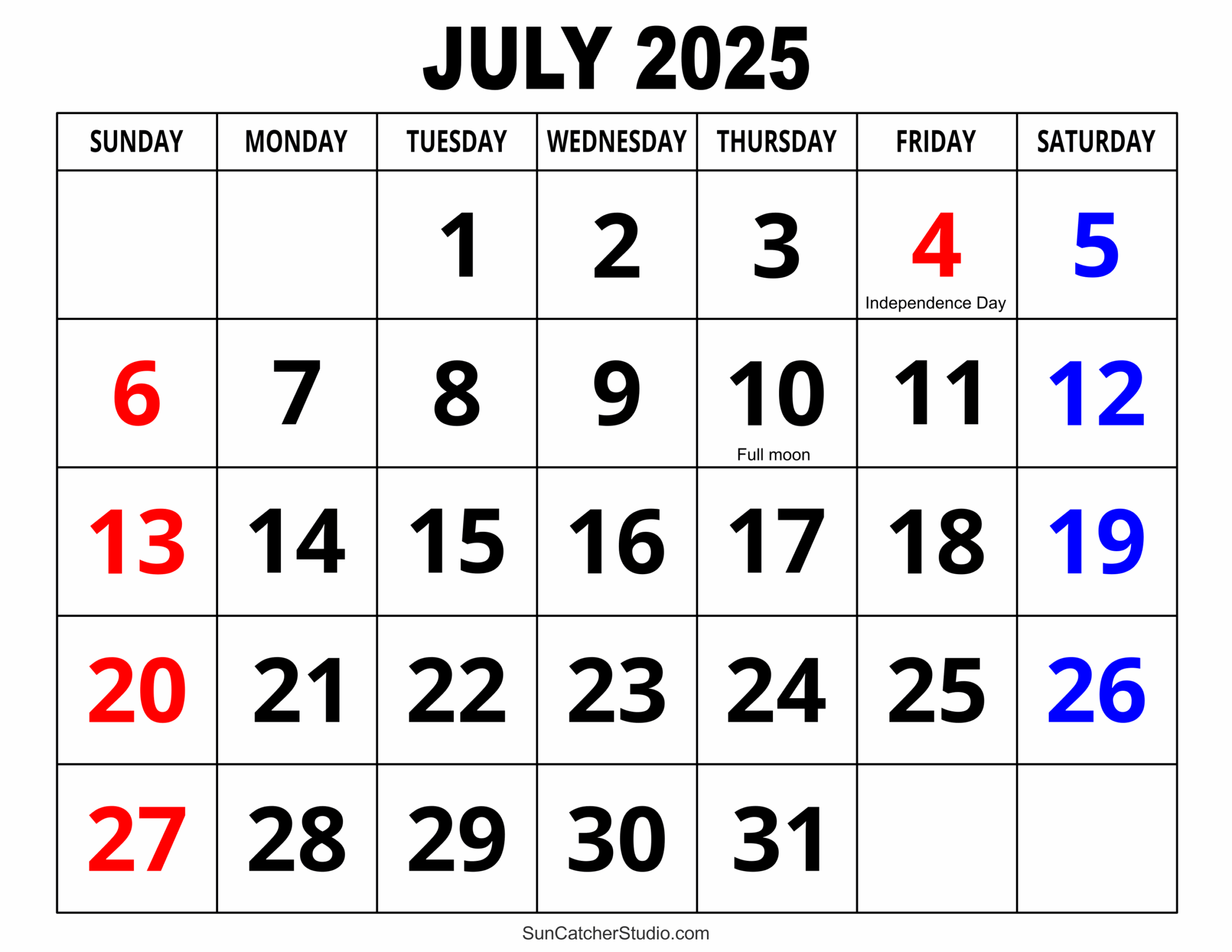 july 2025 calendar printable