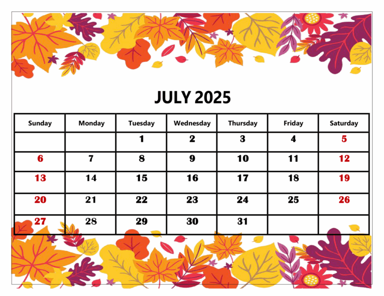 July 2025 Calendar Printable PDF Template With Holidays