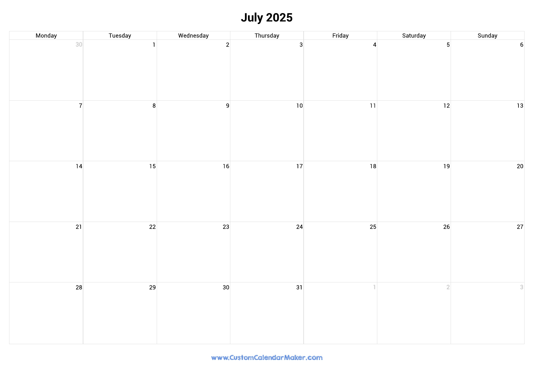 July 2025 Monday Start Calendar Monday To Sunday Custom Calendar Maker