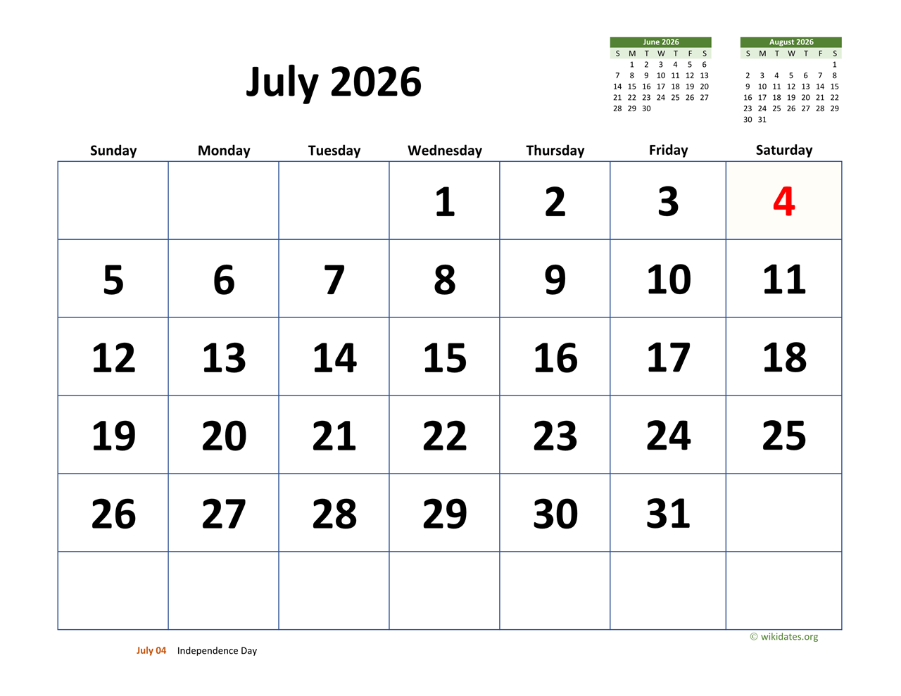 July 2026 Calendar with Holidays