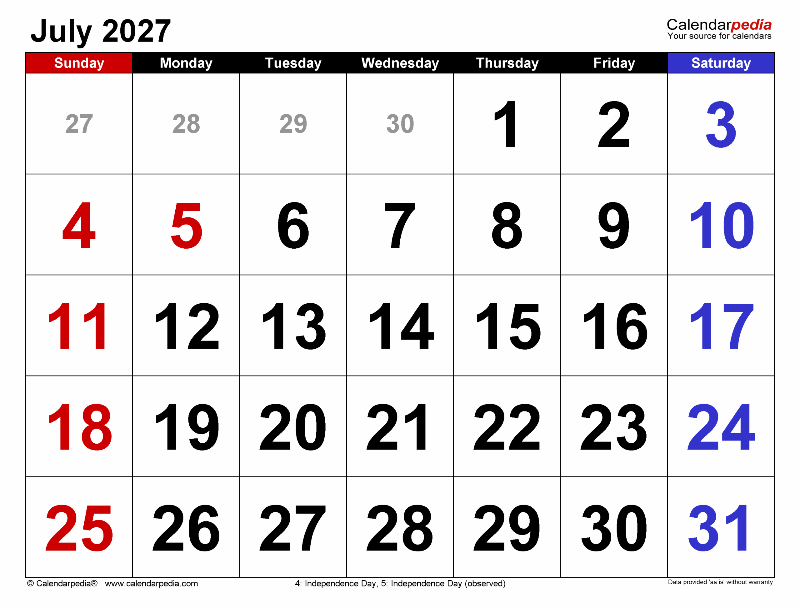 July 2027 Calendar Templates For PDF Excel And Word