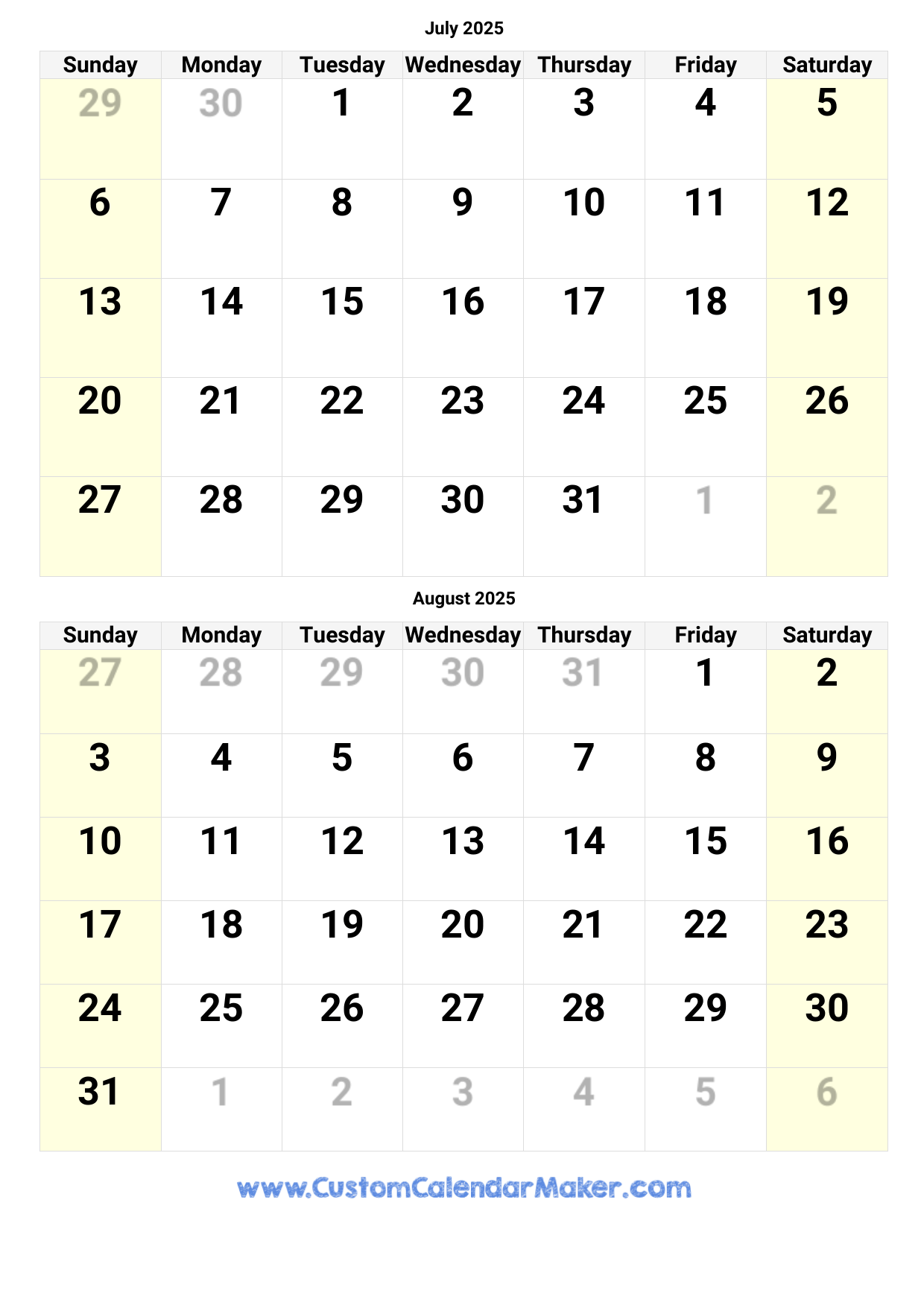 july and august 2025 calendar printable