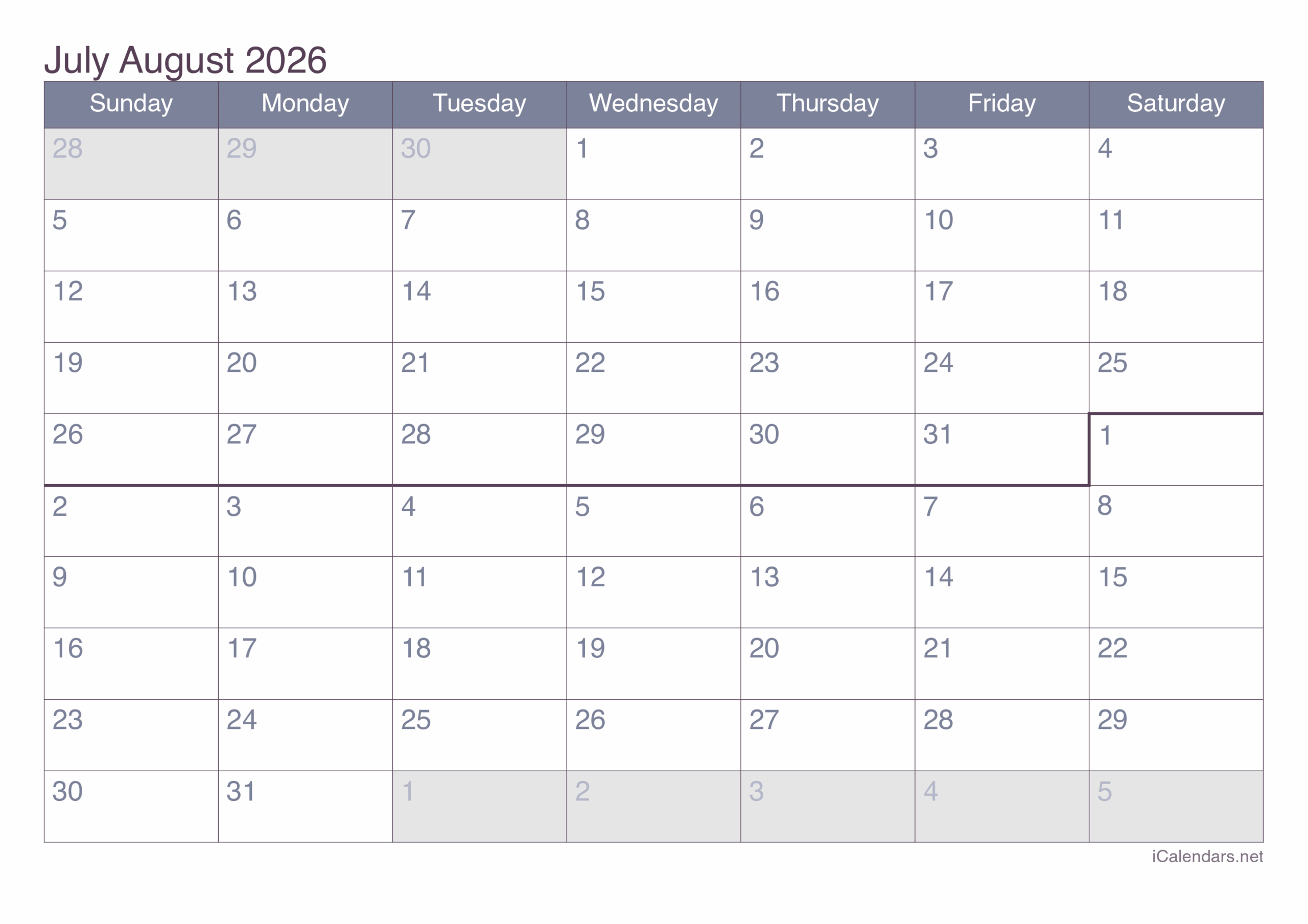july and august 2026 calendar printable