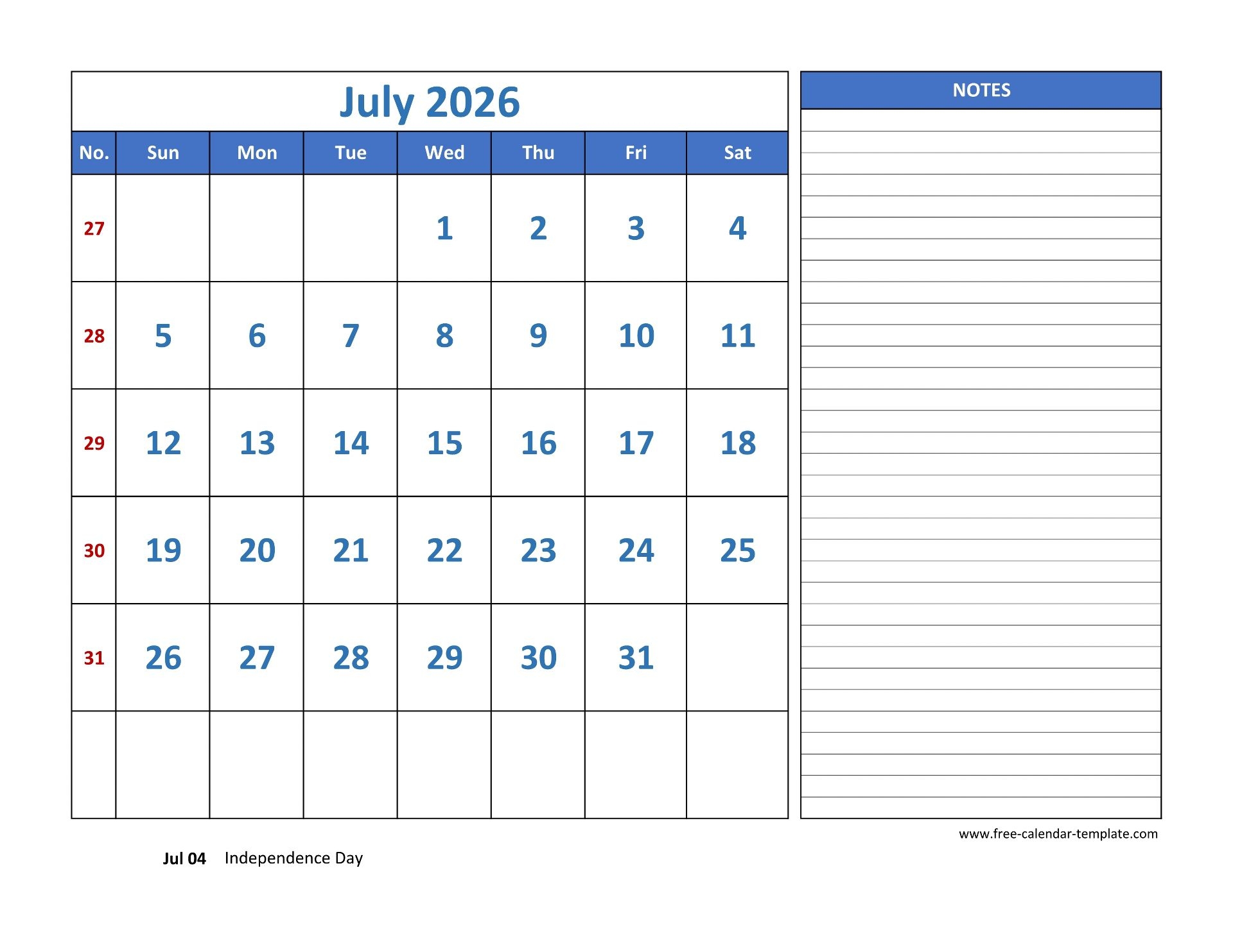 July 2026 Calendar Large Number