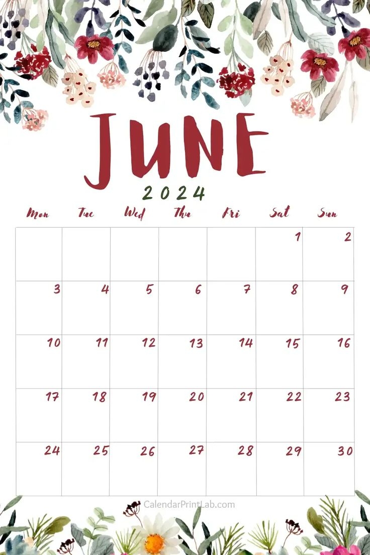 June 2024 Floral Calendar Printable