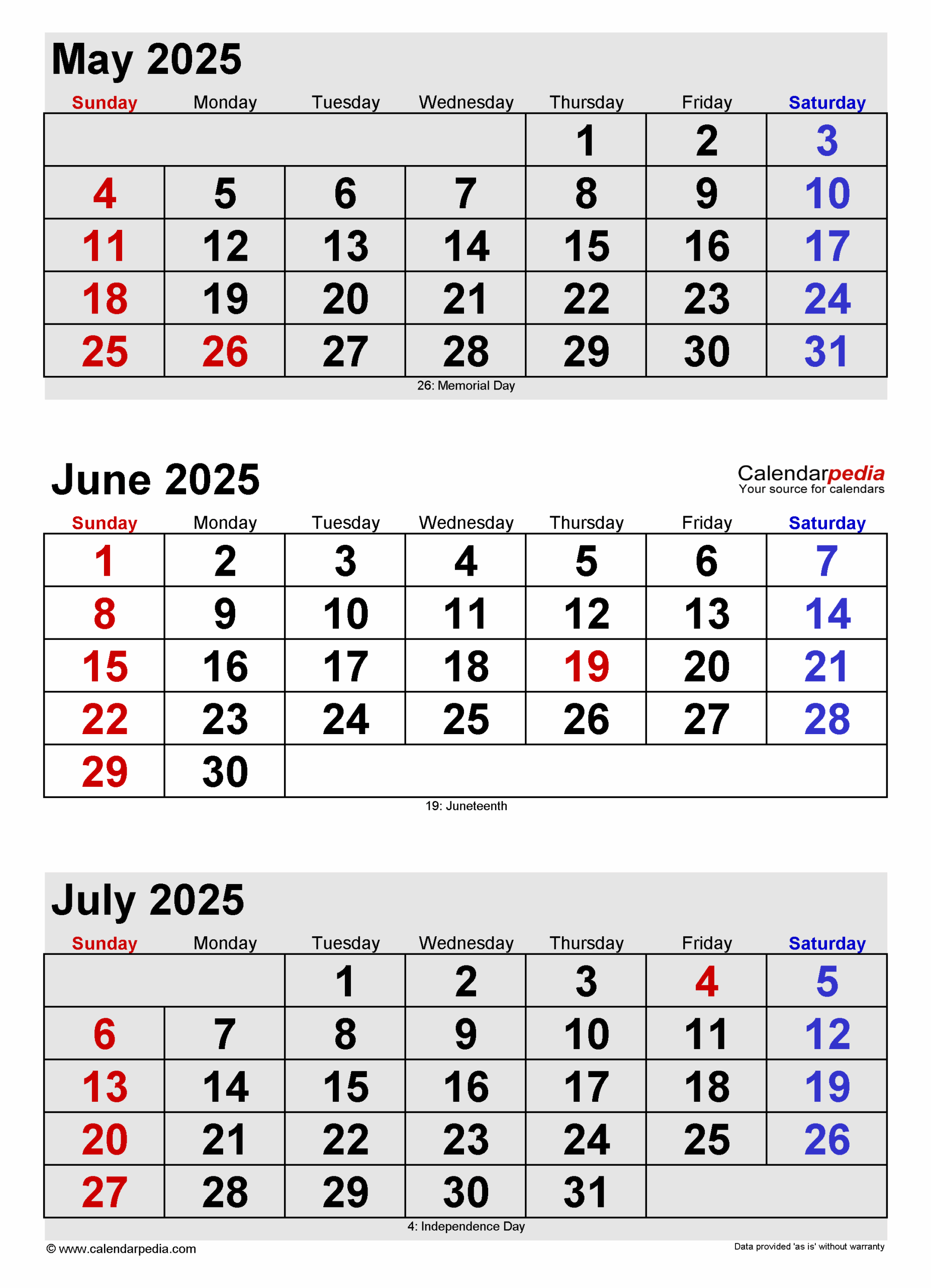 May to July 2025 Calendar