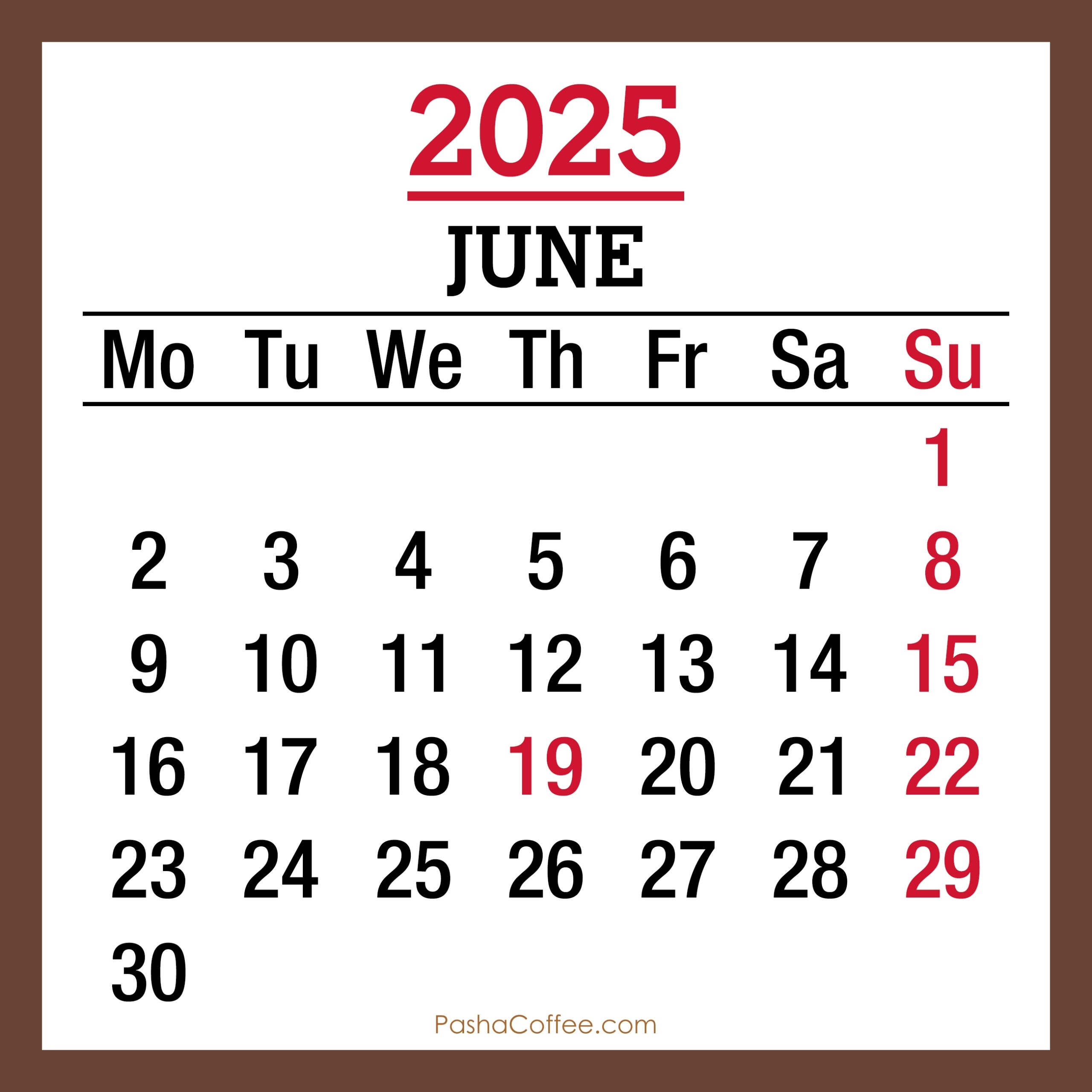 June 2025 Monday Start Calendar