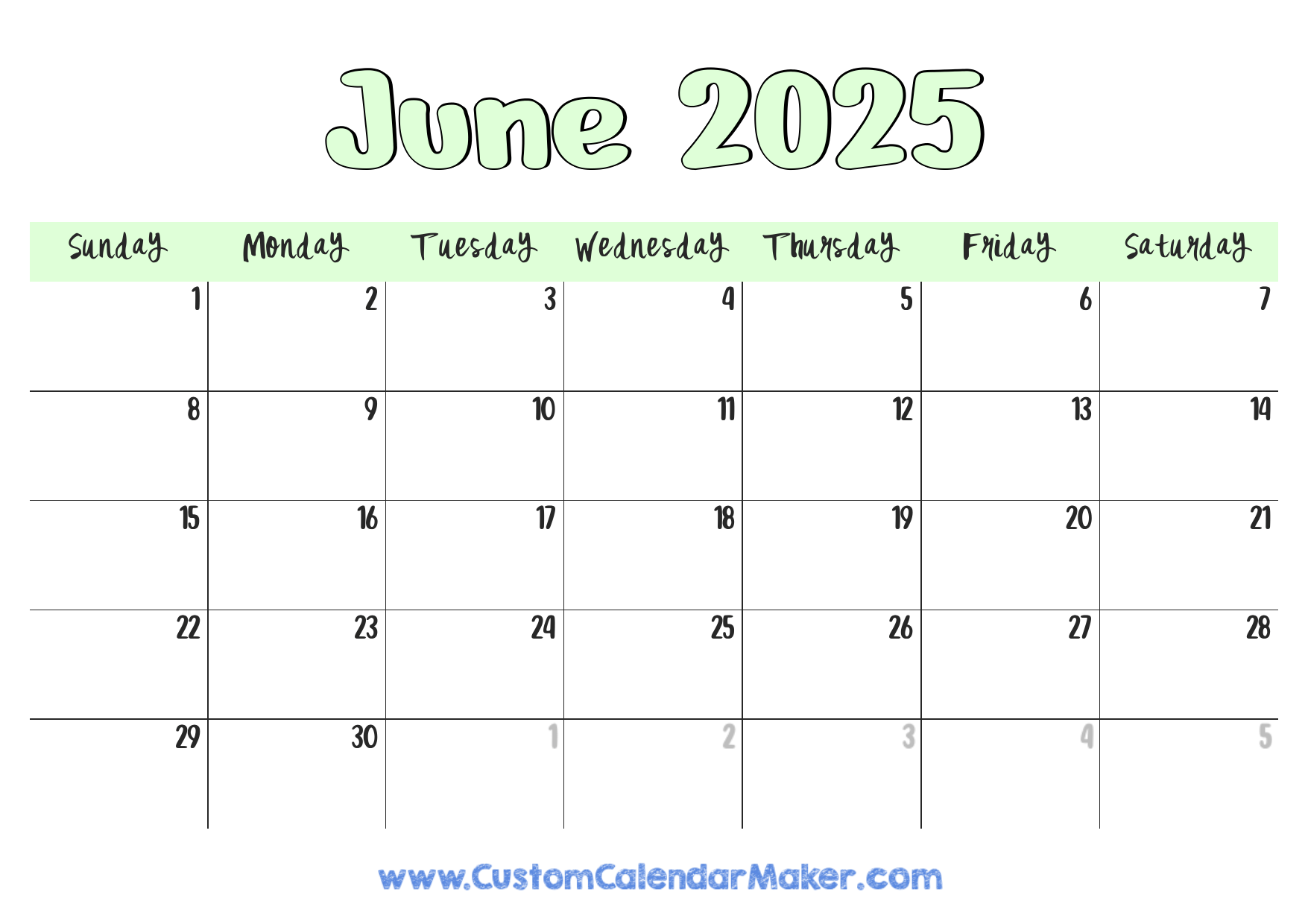 June 2025 Calendar Green Landscape