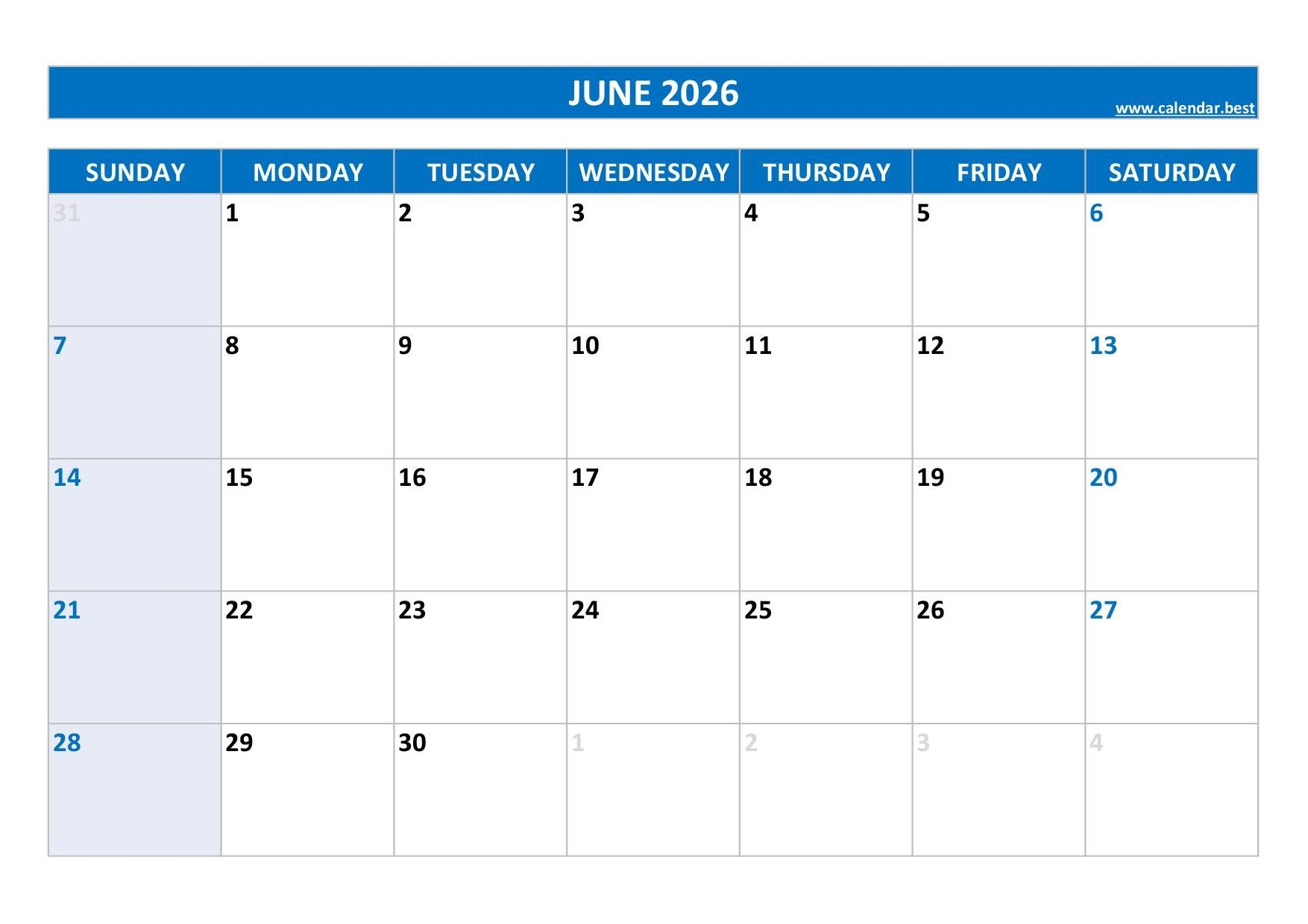 June 2026 Blank Printable Calendar