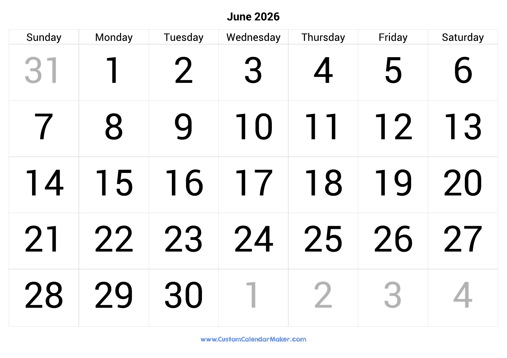 June 2026 Calendar Printable With Large Numbers Custom Calendar Maker