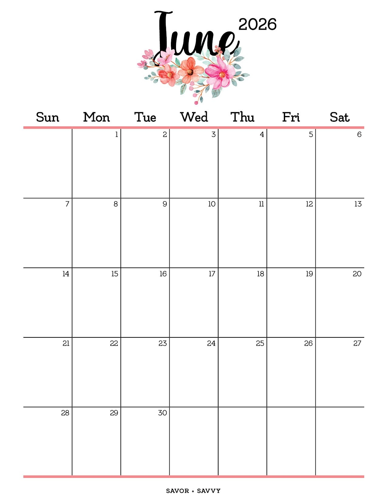 June 2026 Floral Calendar Printable