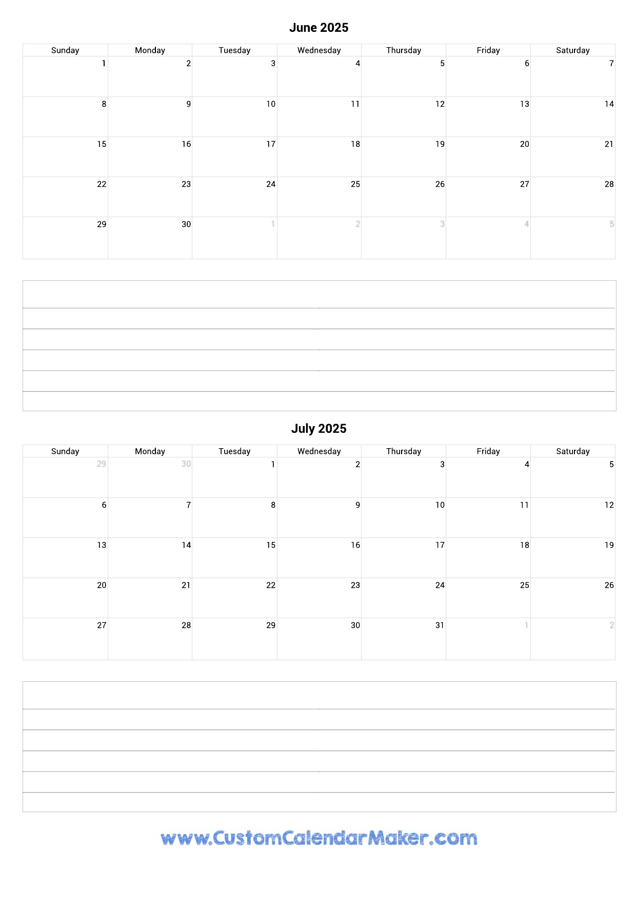 june and july 2025 calendar printable