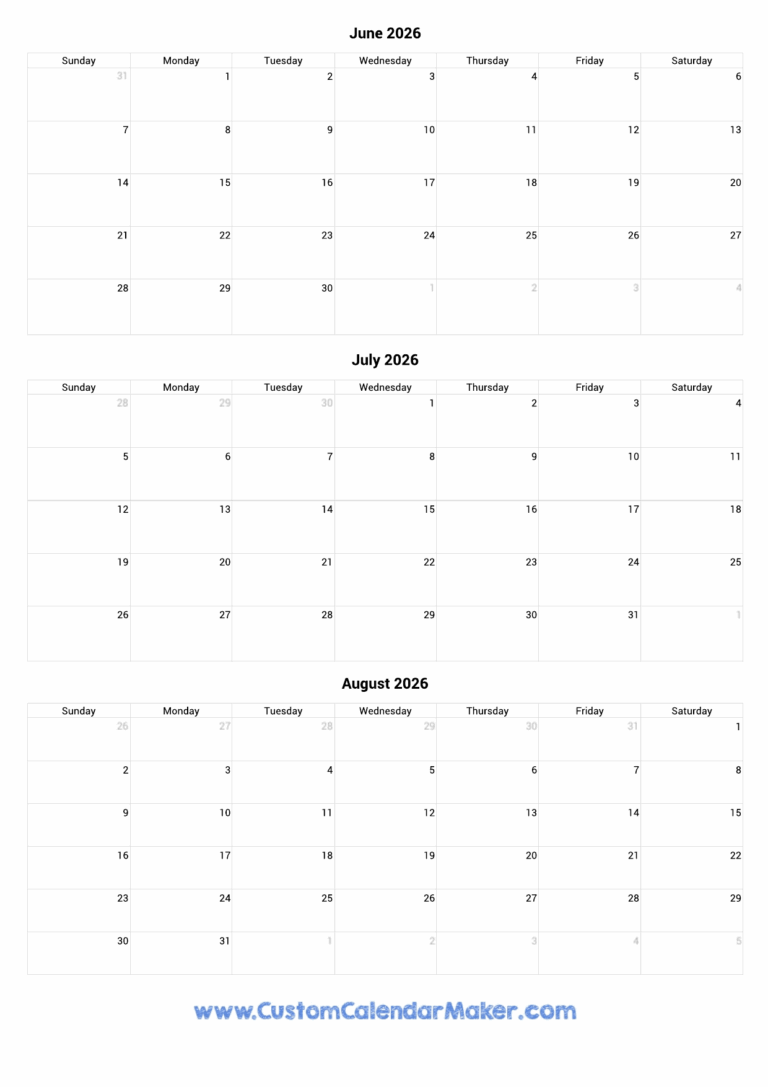June To August 2026 Calendar Printable Custom Calendar Maker