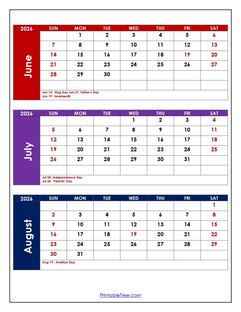 June To August 2026 Calendar Printable Three Month Calendar