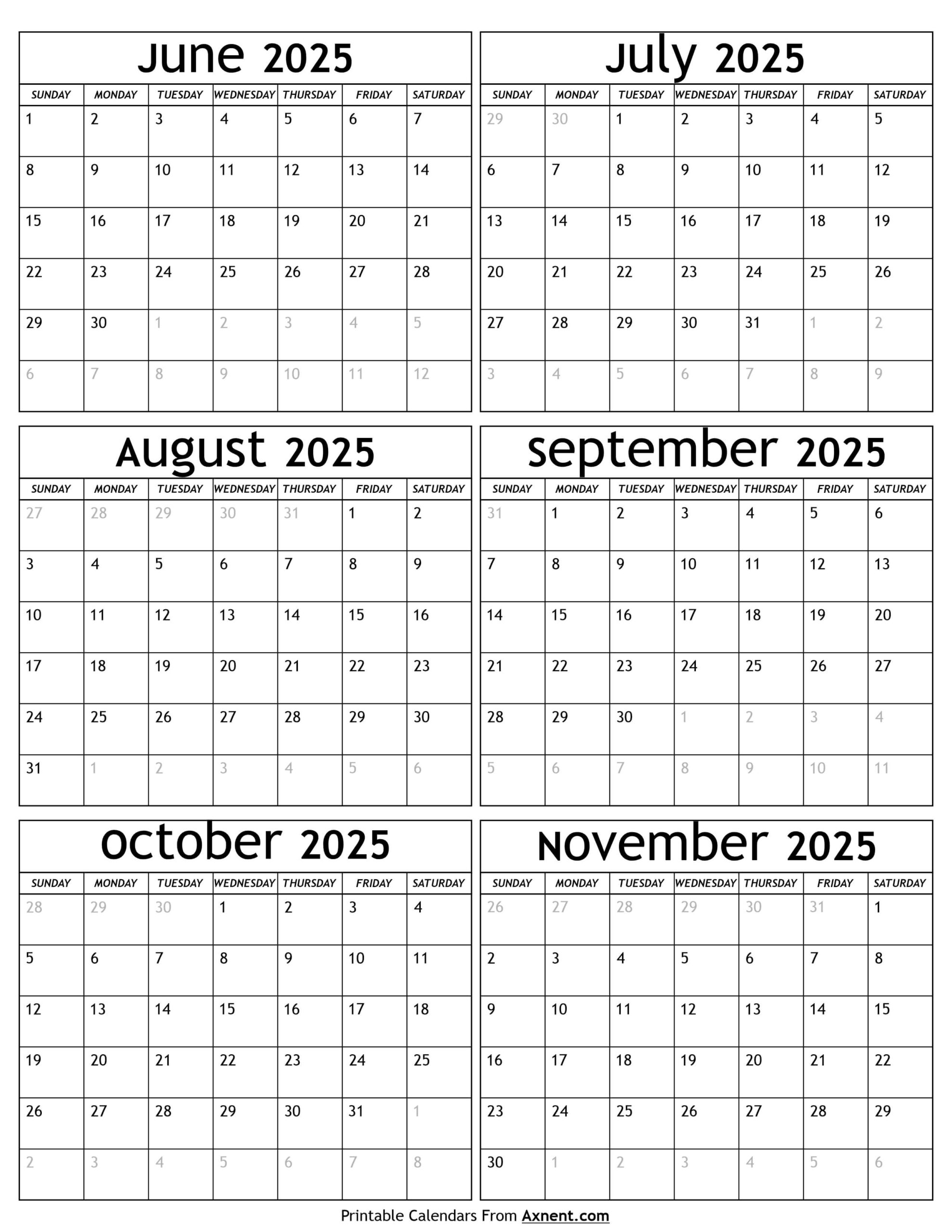 June To November 2025 Calendar Templates Six Months
