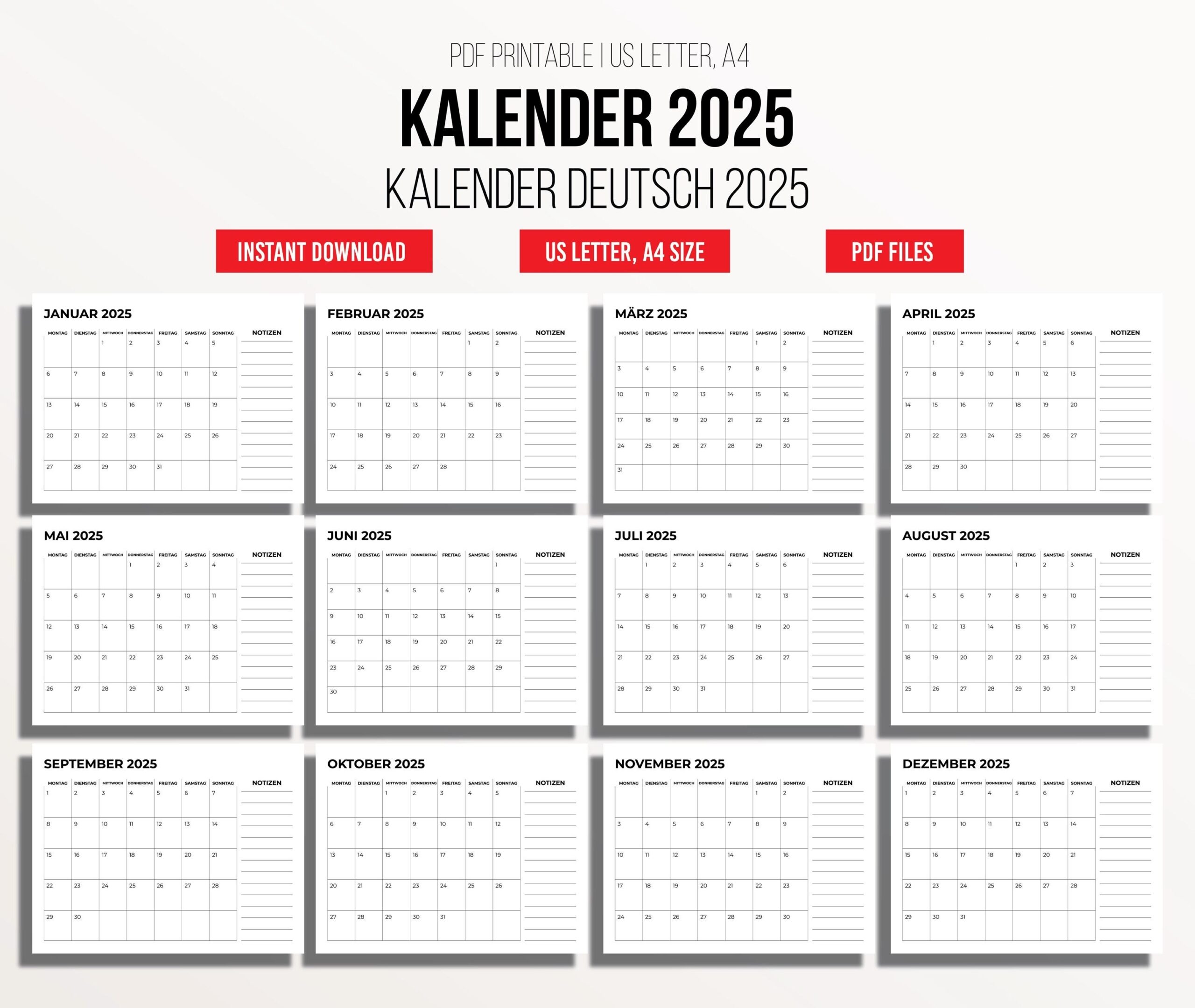 Kalender Deutsch 2025 German Calendar US Letter And A4 Size Etsy