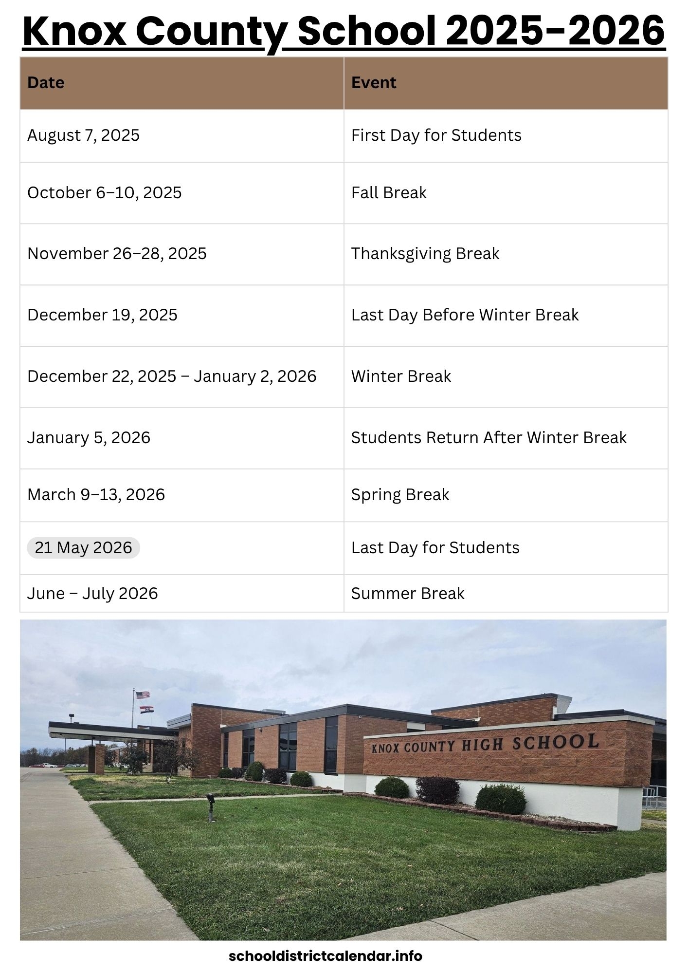 Knox County School Calendar With Holidays 2025 2026