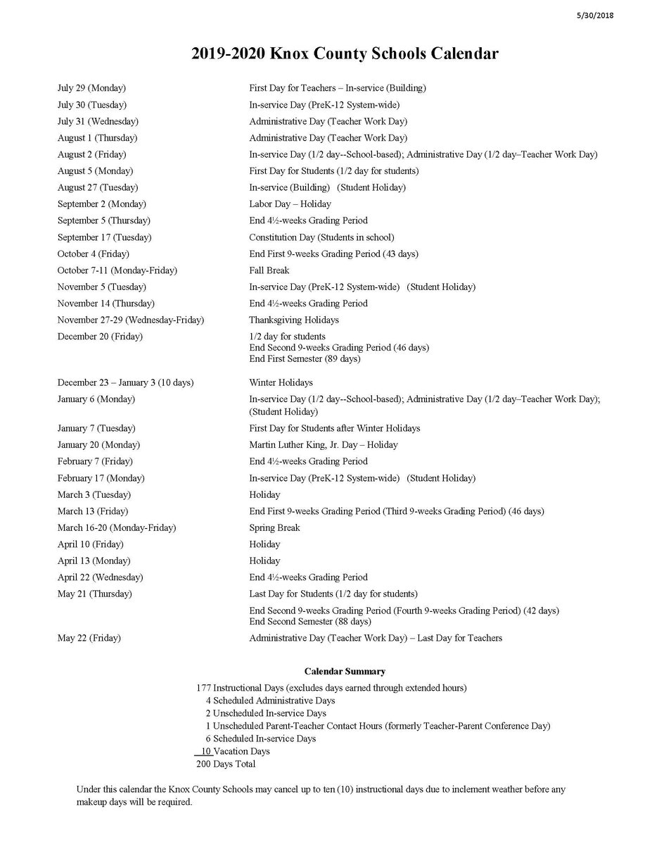 Knox County Schools On X Board Approves The 2019 2020 School Year Calendar Https t co Nj7BES2LIH X