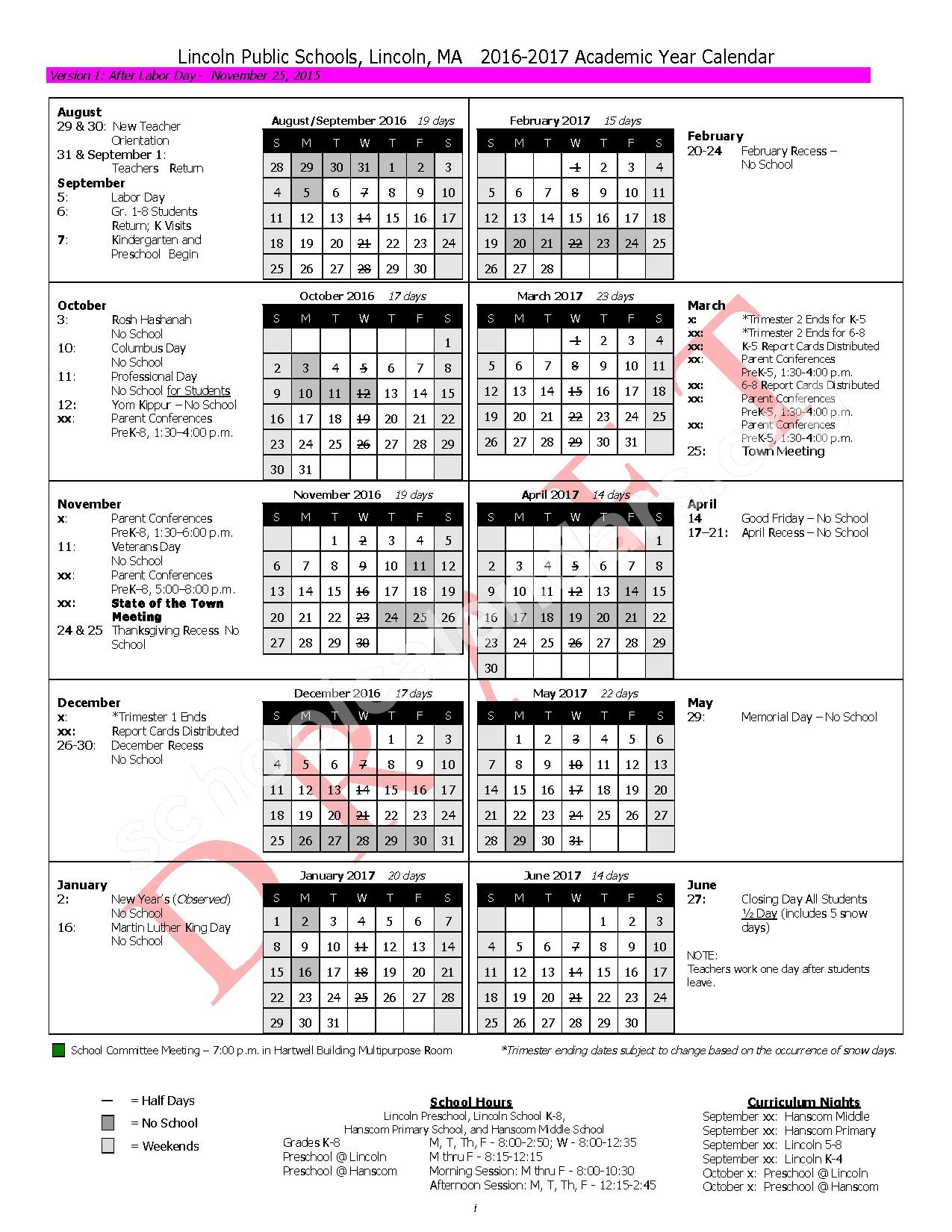Lincoln Public Schools Calendars Lincoln MA