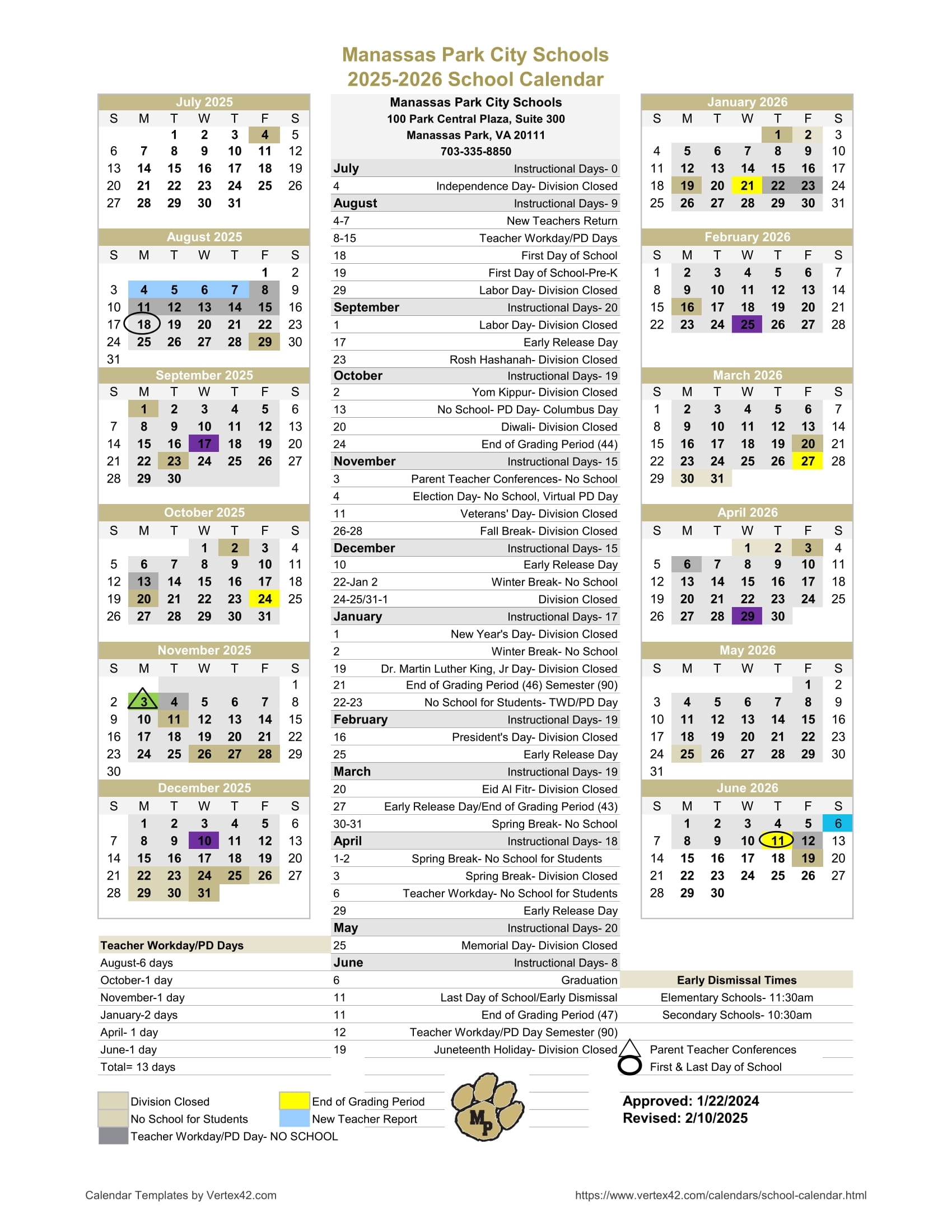 Manassas Park City Schools Calendar 25 26 Revised pdf EduCounty