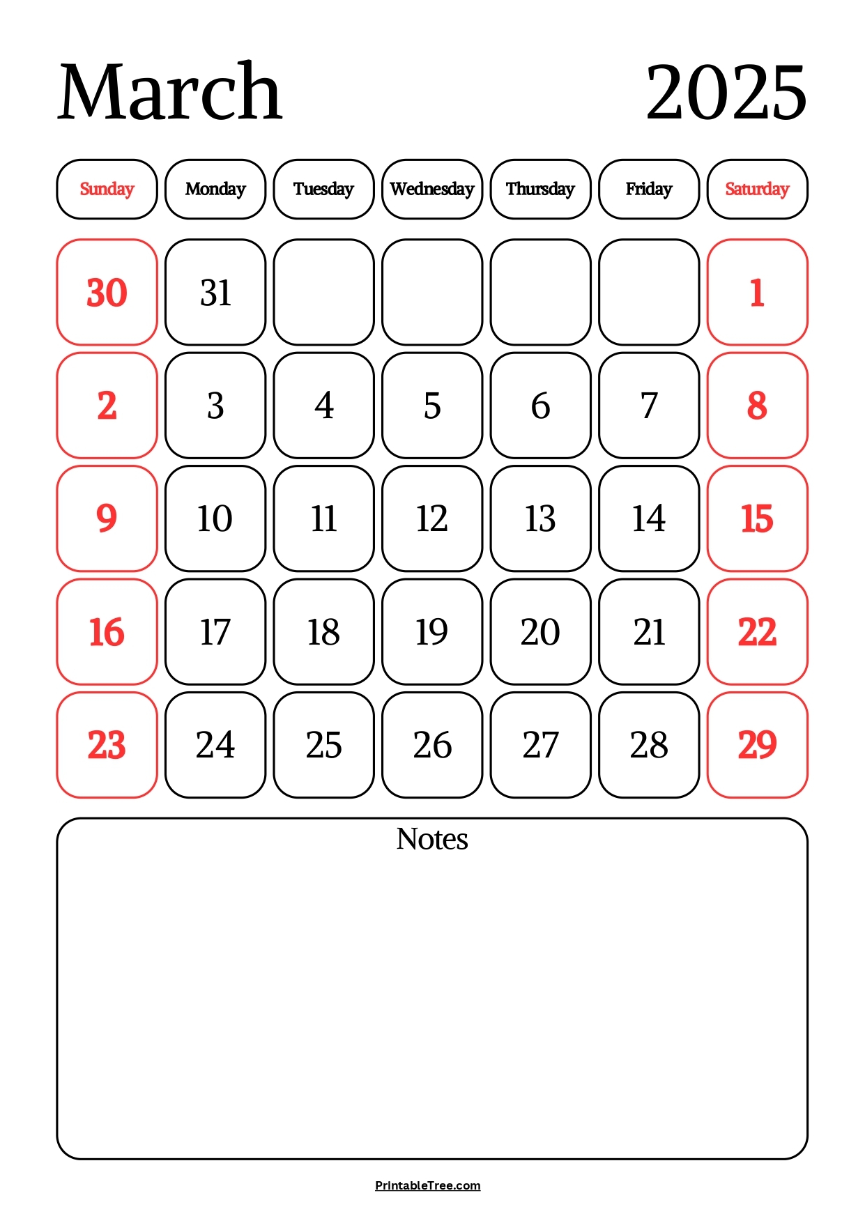 March 2025 Calendar with notes