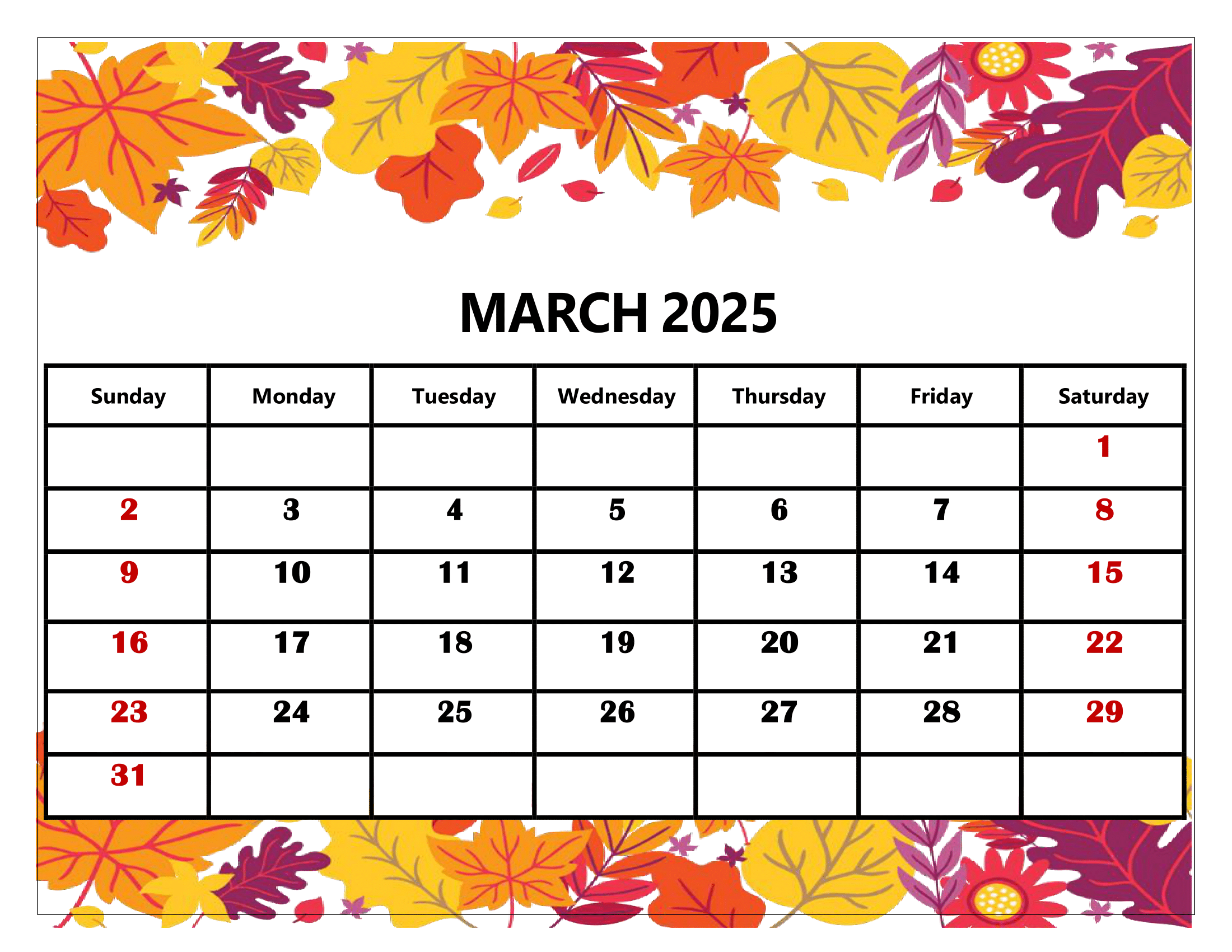 March 2025 Calendar Printable PDF Template With Holidays