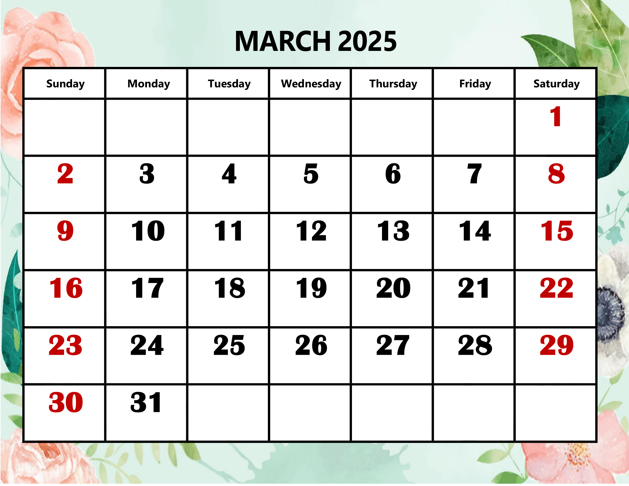 March 2025 Yellow Leaf Calendar Printable