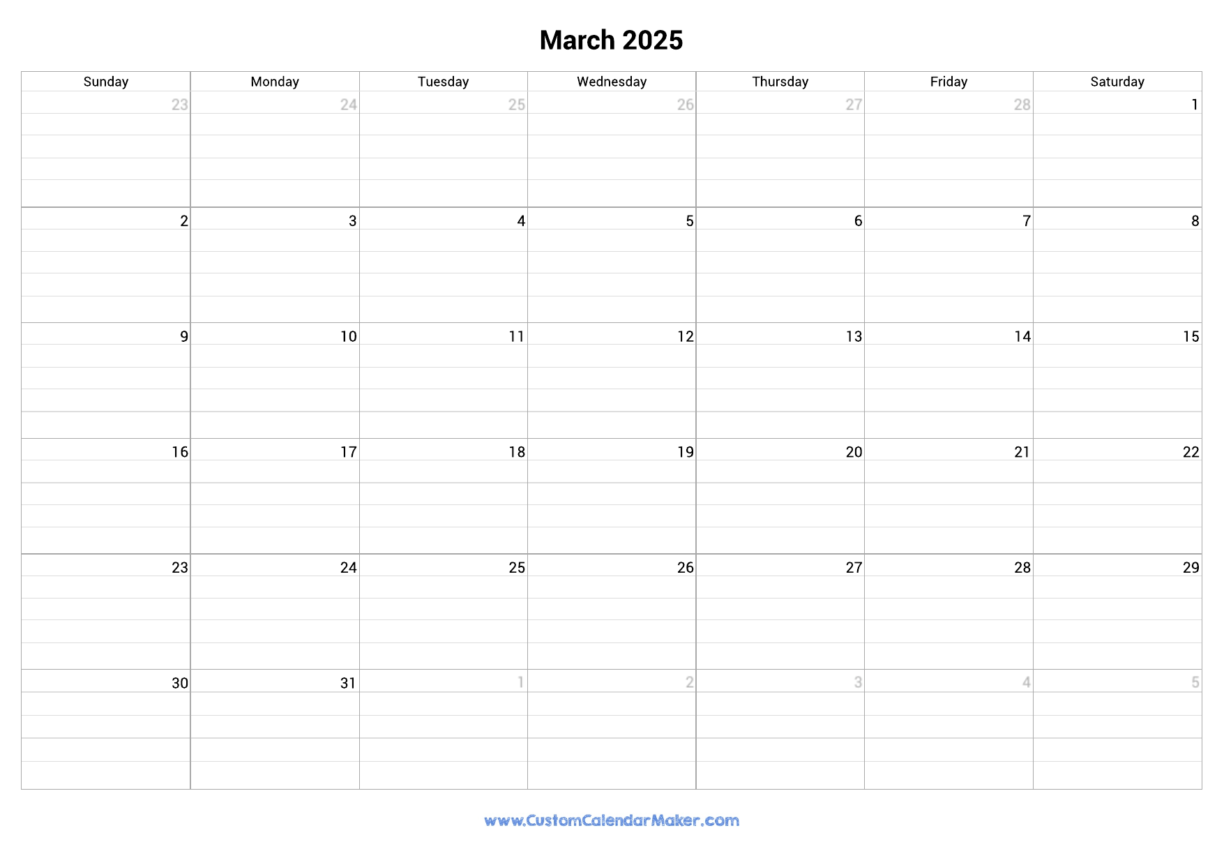 March 2025 Fillable Calendar Grid With Lines Custom Calendar Maker