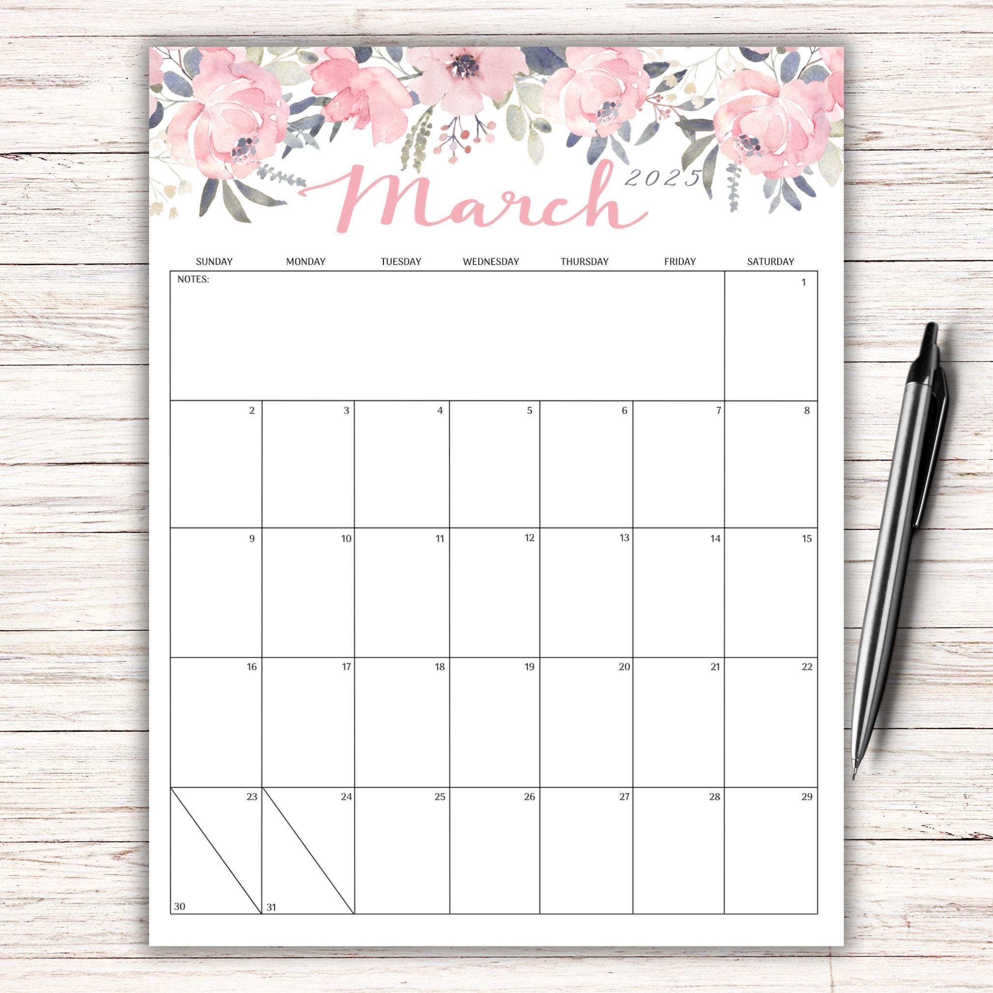 March 2025 Floral Printable Calendar March 2025 Planner Sunday And Monday Start Academic Calendar Homeschool Planner Monthly Schedule Etsy