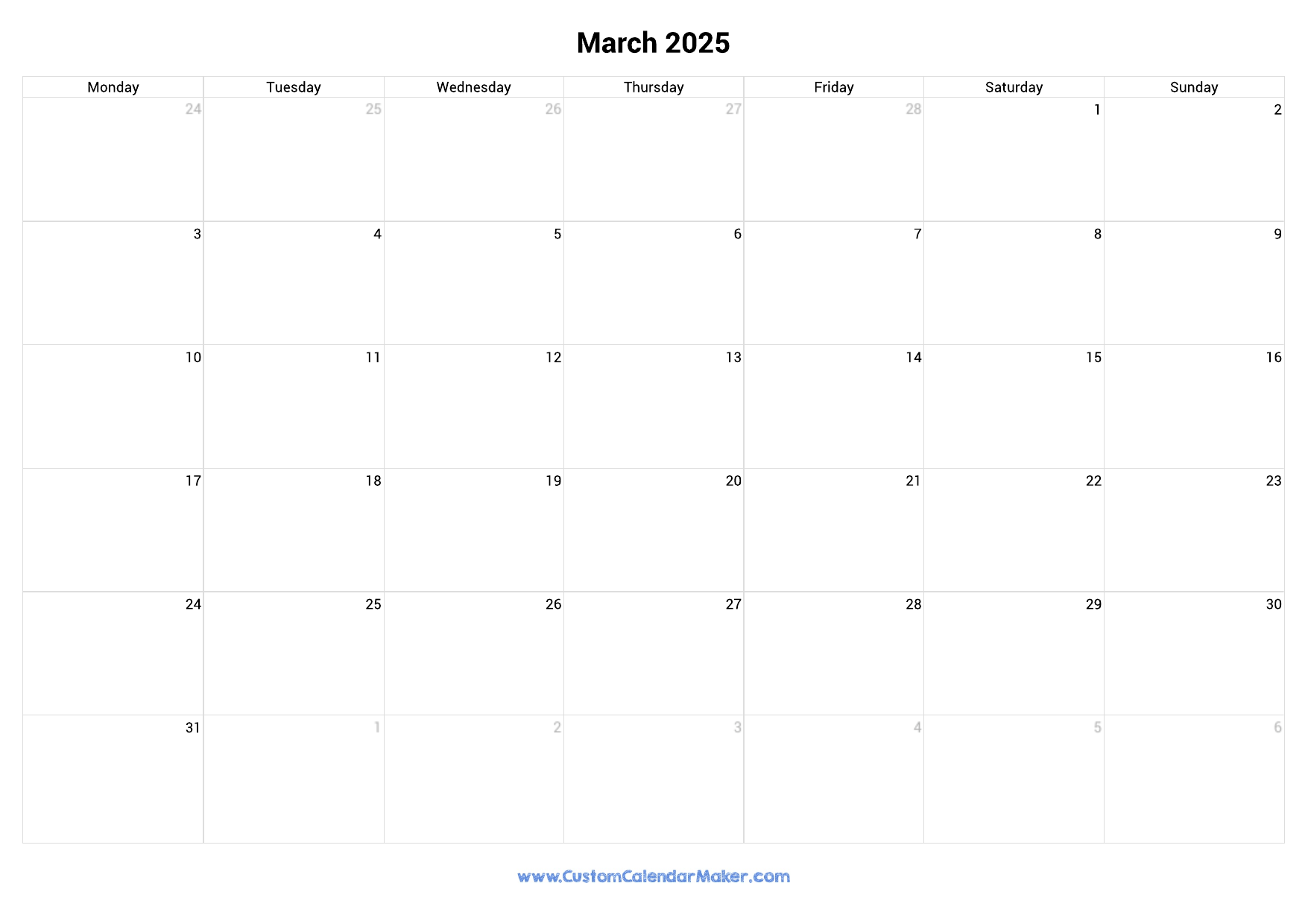 March 2025 Monday Start Calendar