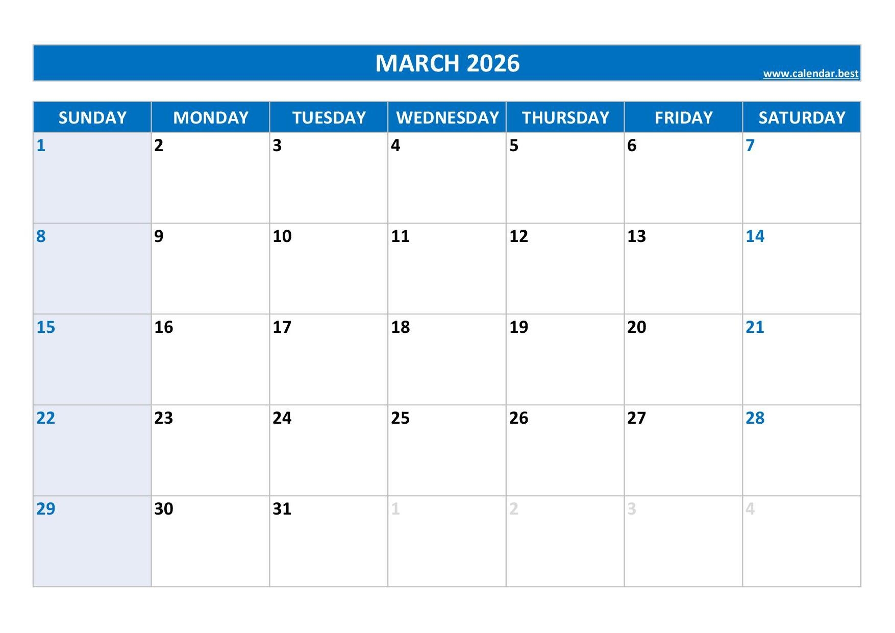 march to may 2026 calendar printable