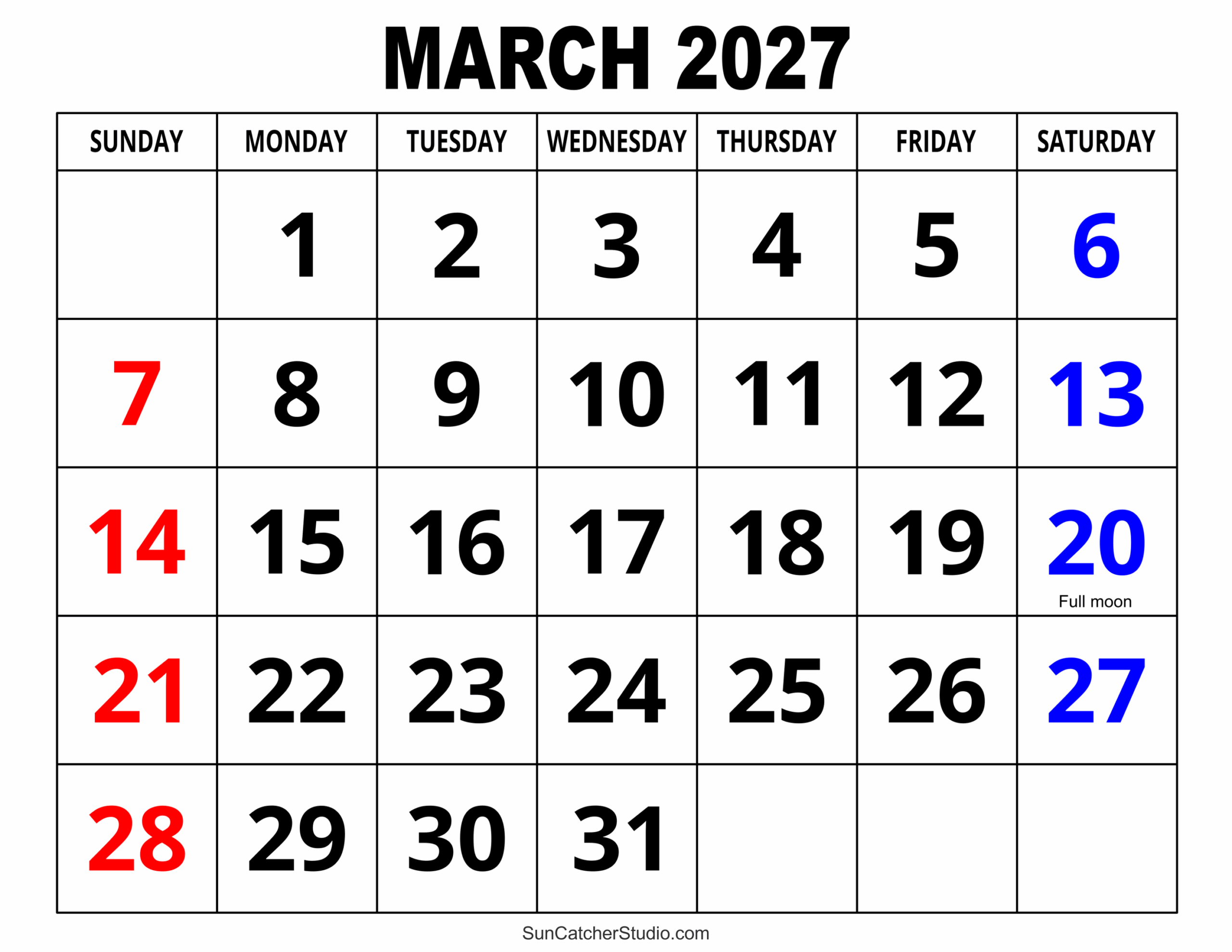 march 2027 calendar printable