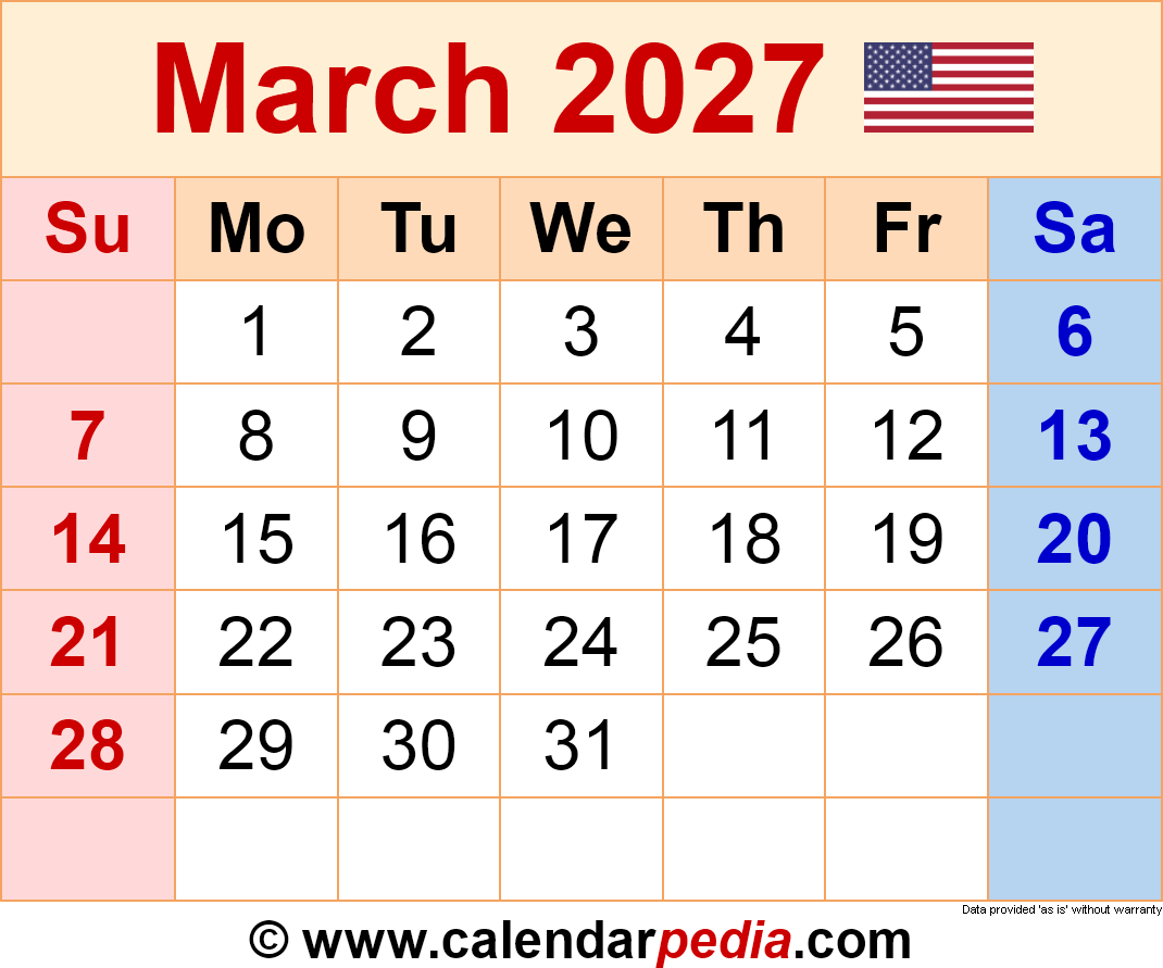 March 2027 Calendar Templates For PDF Excel And Word
