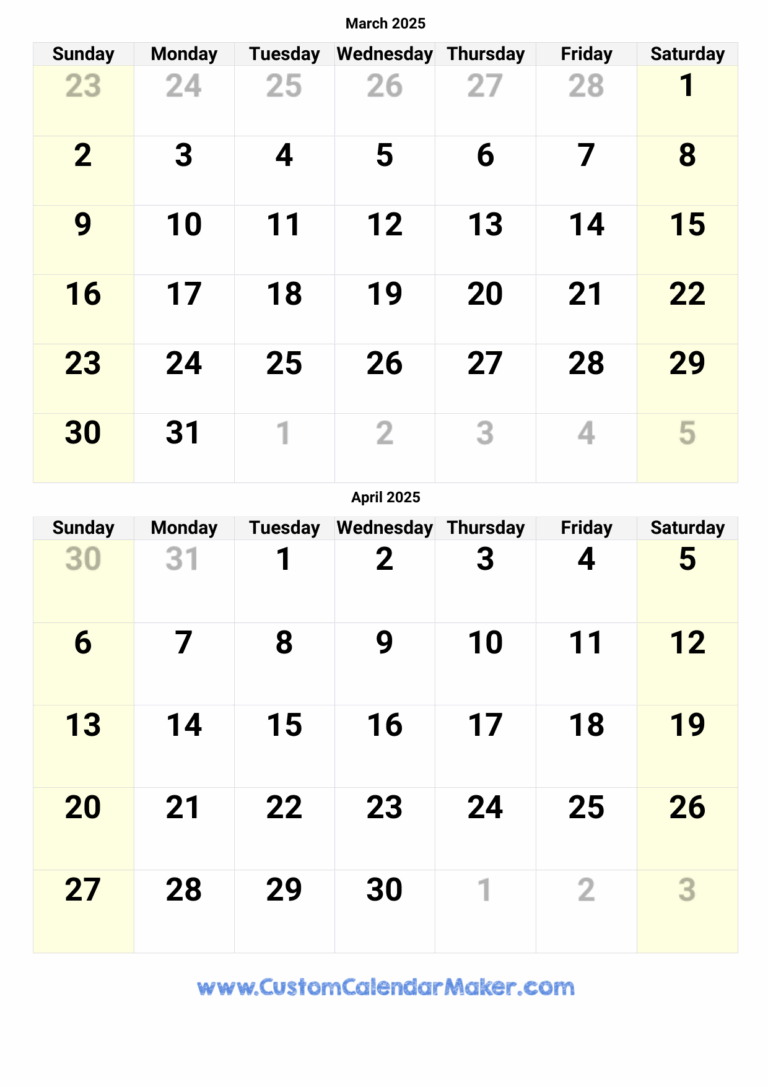 March And April 2025 Calendar Custom Calendar Maker