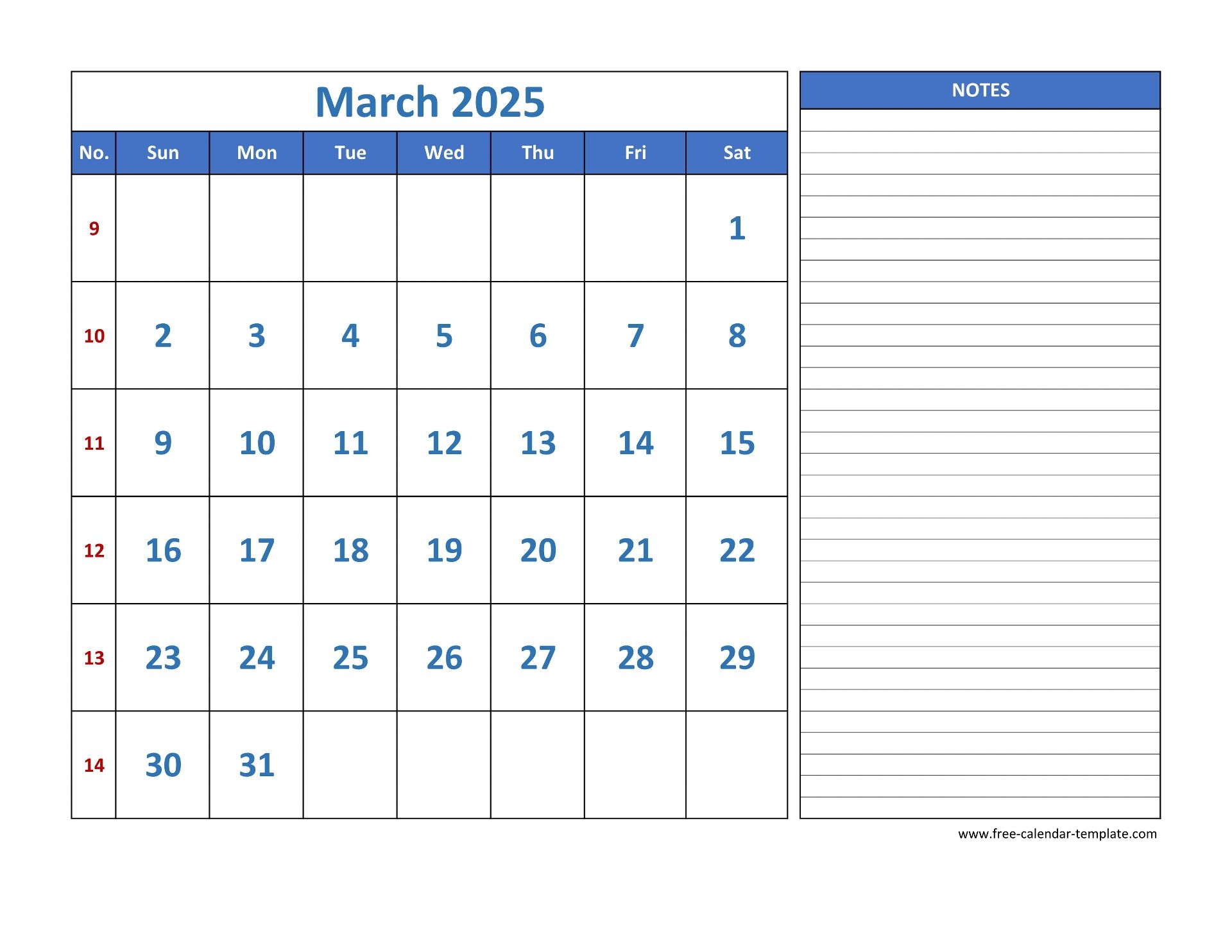 March Calendar 2025 Grid Lines For Holidays And Notes horizontal Free Calendar template