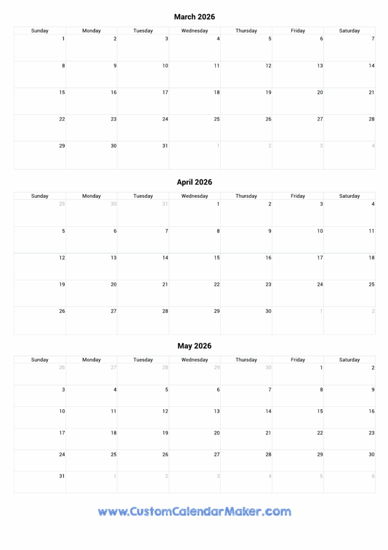 March To May 2026 Calendar Printable Custom Calendar Maker