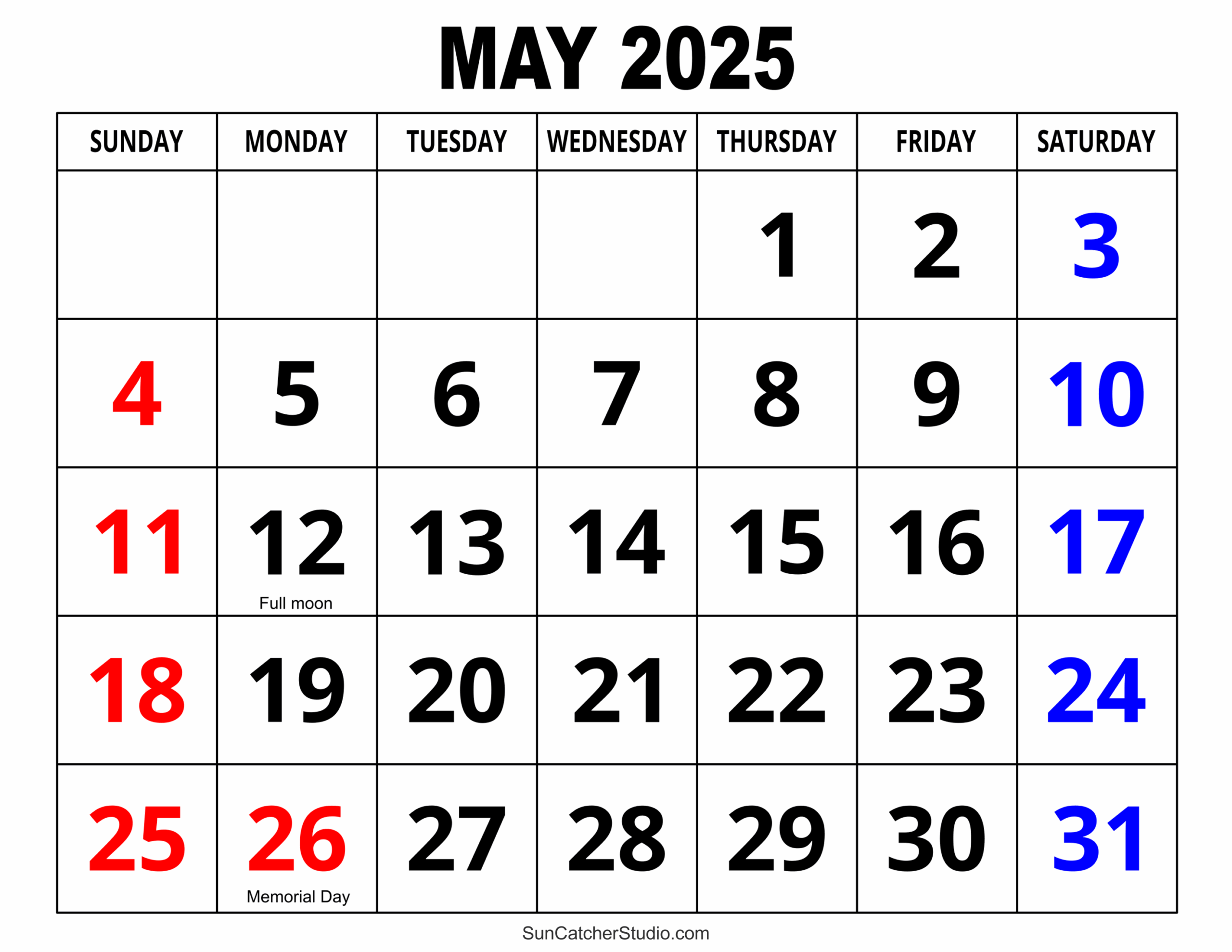 May 2025 calendar with holidays printable